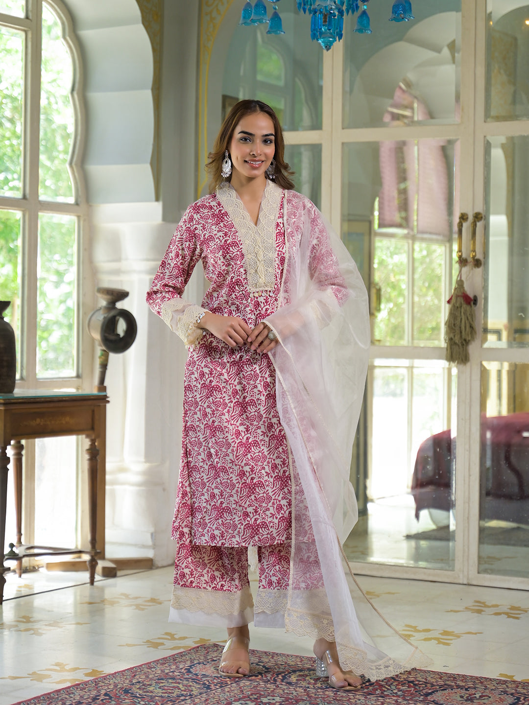 Divena Cream & Pink Rayon Ethnic Print Kurta Pant with Dupatta