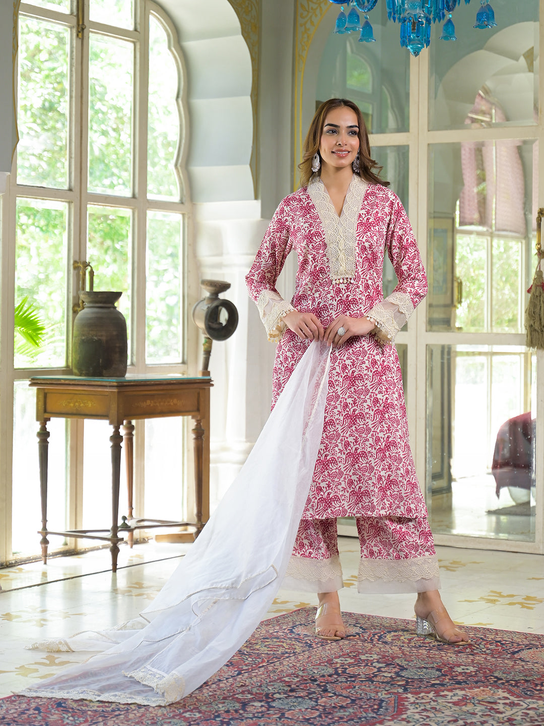 Divena Cream & Pink Rayon Ethnic Print Kurta Pant with Dupatta
