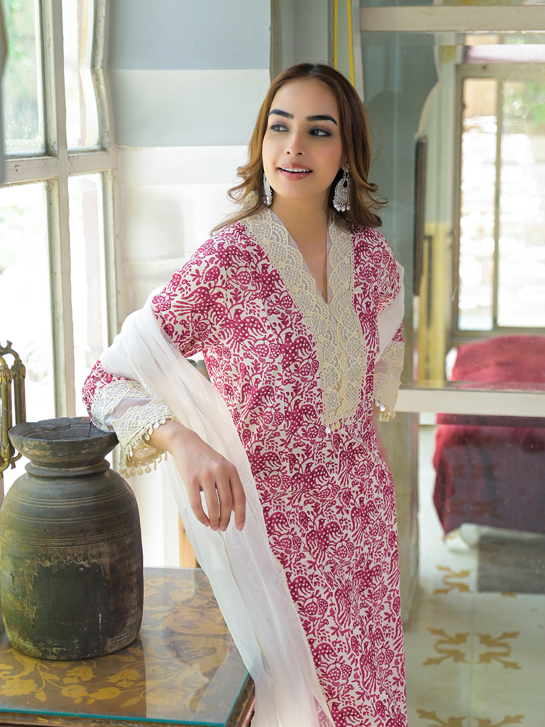 Divena Cream & Pink Rayon Ethnic Print Kurta Pant with Dupatta
