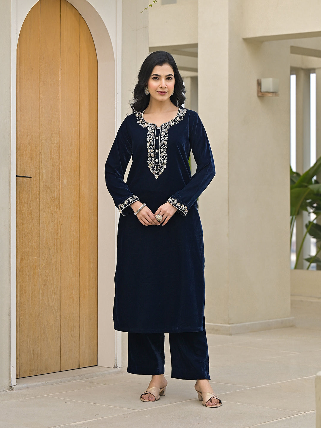 Divena Embroidered Blue Velvet Kurta Pant Dupatta Set for Women