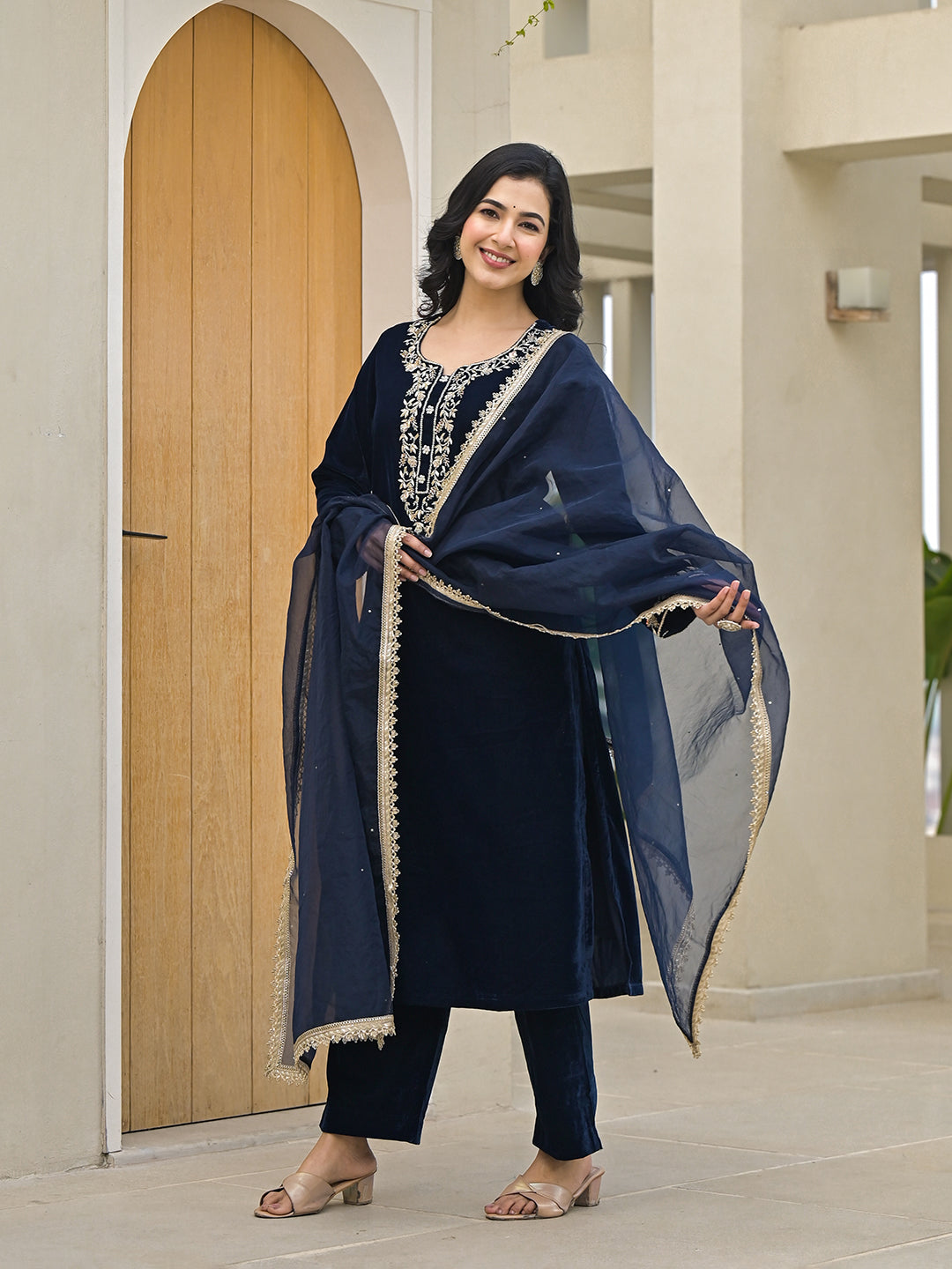 Divena Embroidered Blue Velvet Kurta Pant Dupatta Set for Women