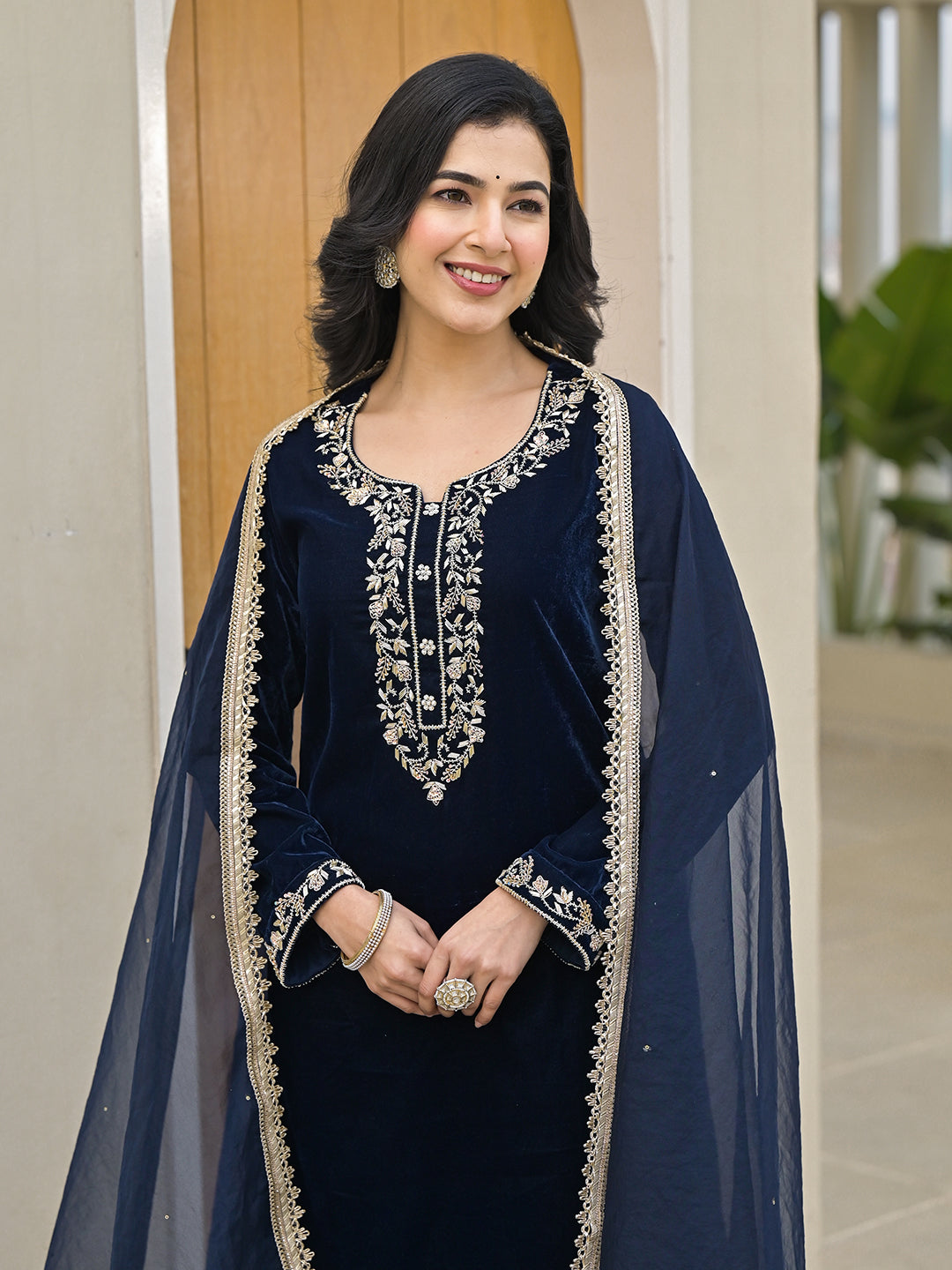 Divena Embroidered Blue Velvet Kurta Pant Dupatta Set for Women