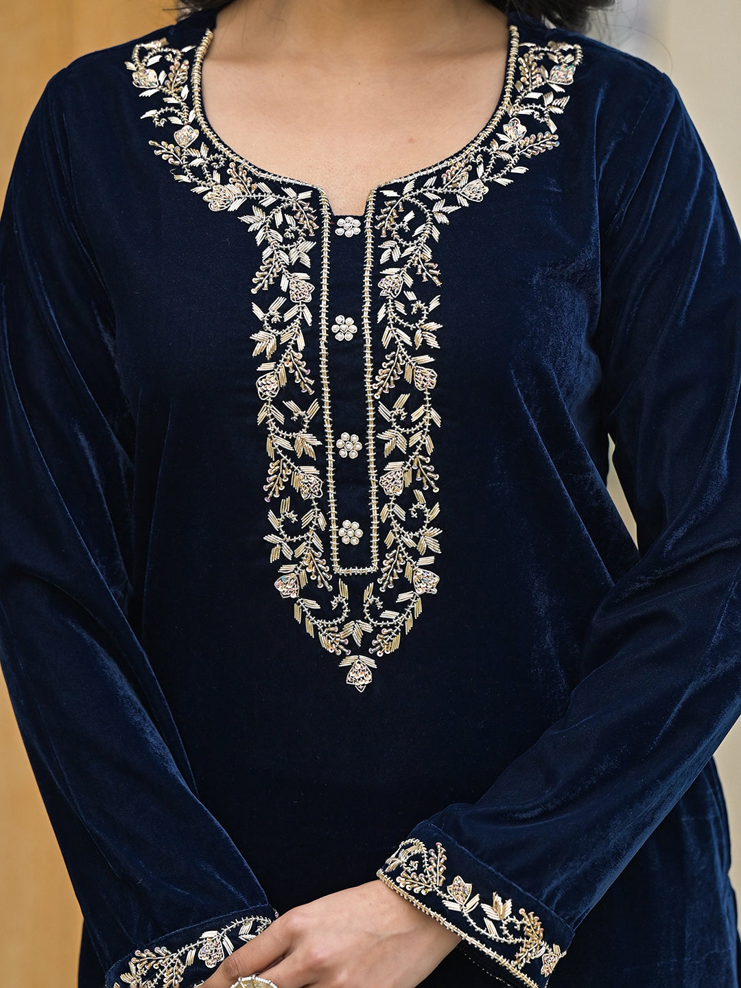 Divena Embroidered Blue Velvet Kurta Pant Dupatta Set for Women
