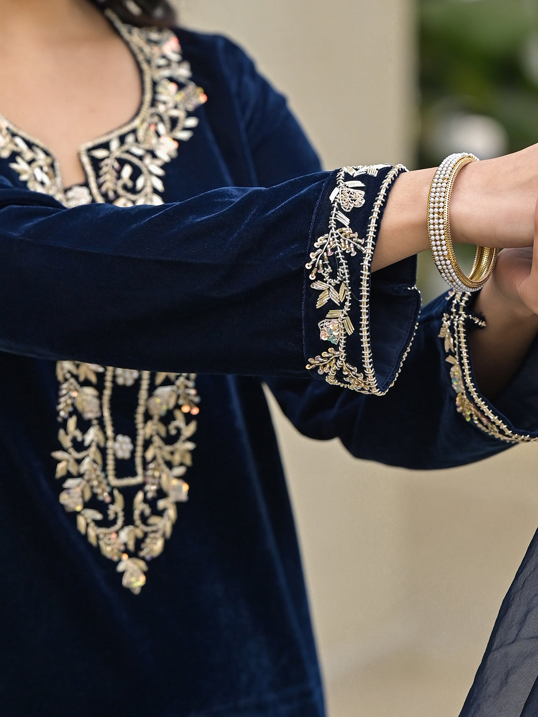 Divena Embroidered Blue Velvet Kurta Pant Dupatta Set for Women