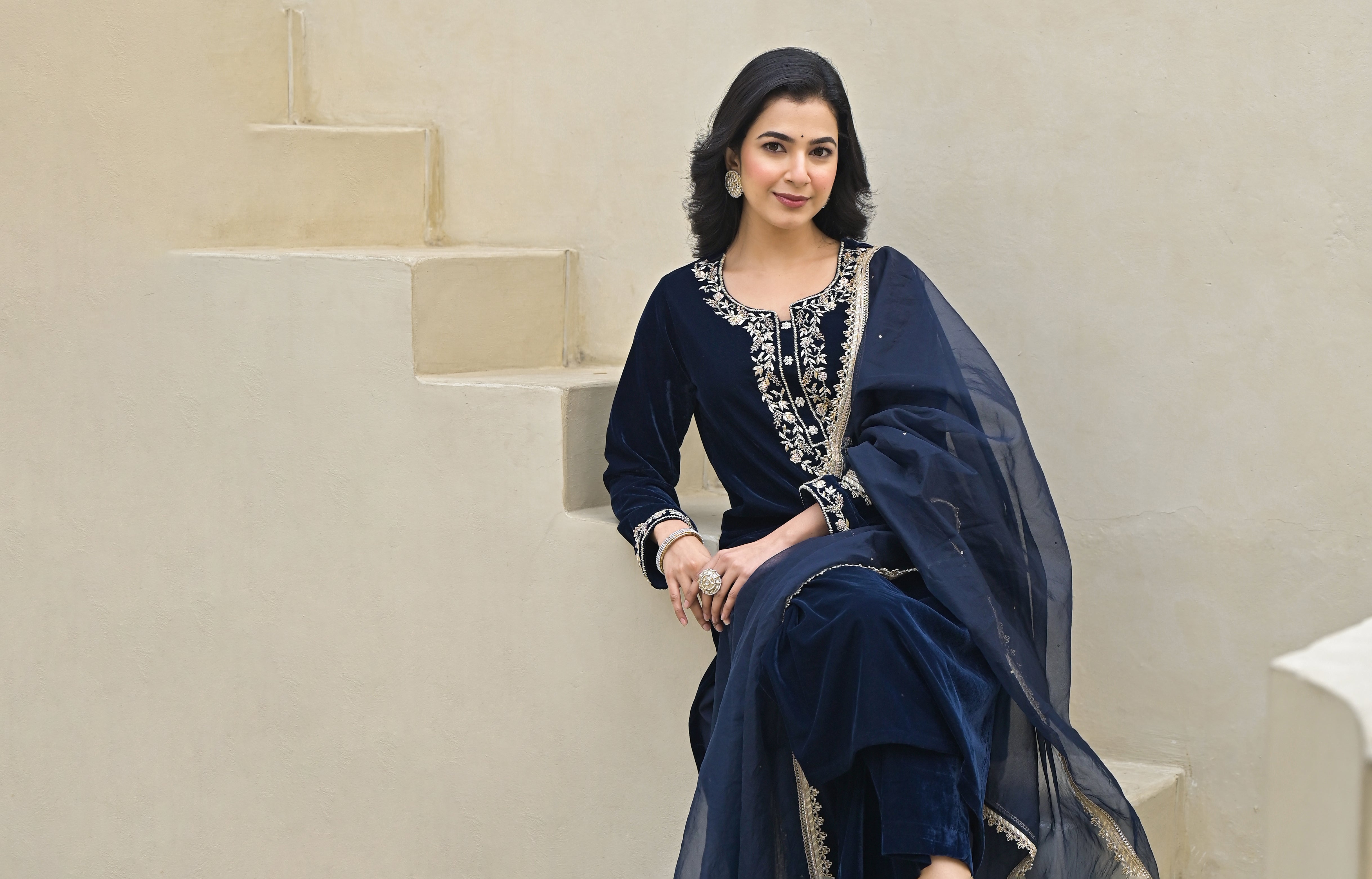 Divena Embroidered Blue Velvet Kurta Pant Dupatta Set for Women