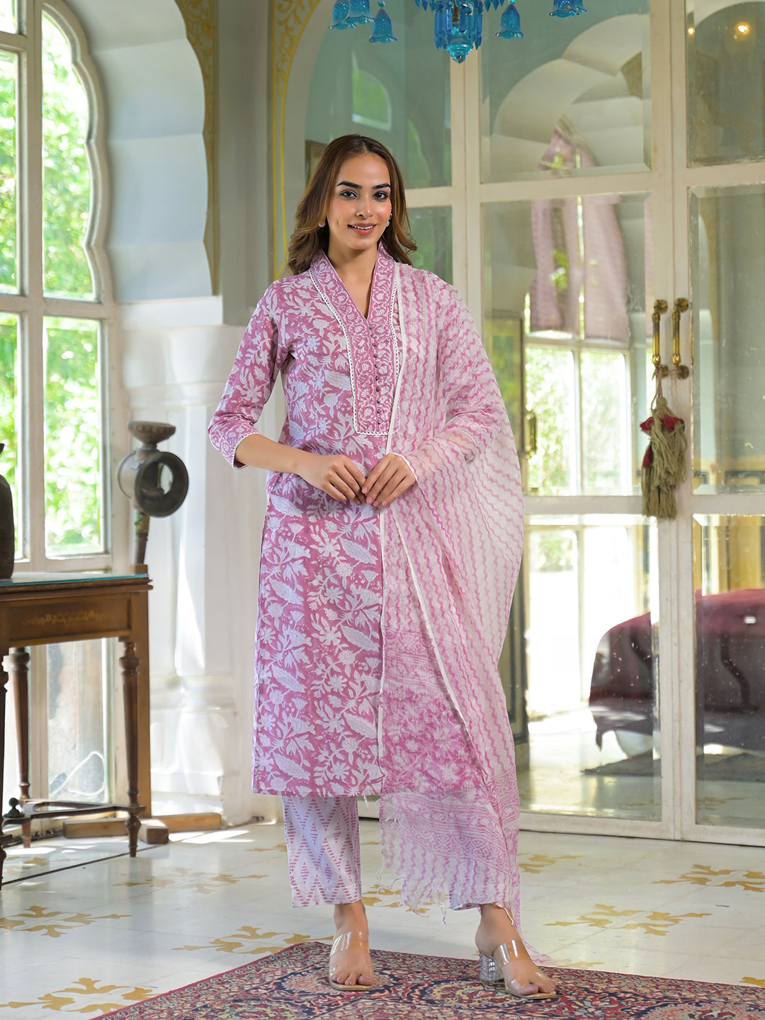 Divena White & Pink Cotton Block Print Kurta Pant with Dupatta