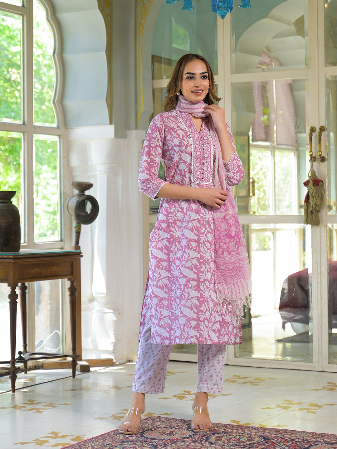 Divena White & Pink Cotton Block Print Kurta Pant with Dupatta
