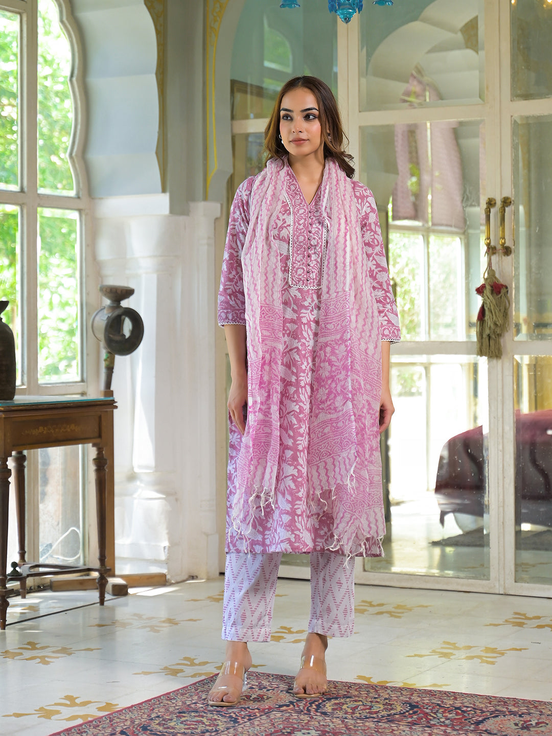 Divena White & Pink Cotton Block Print Kurta Pant with Dupatta