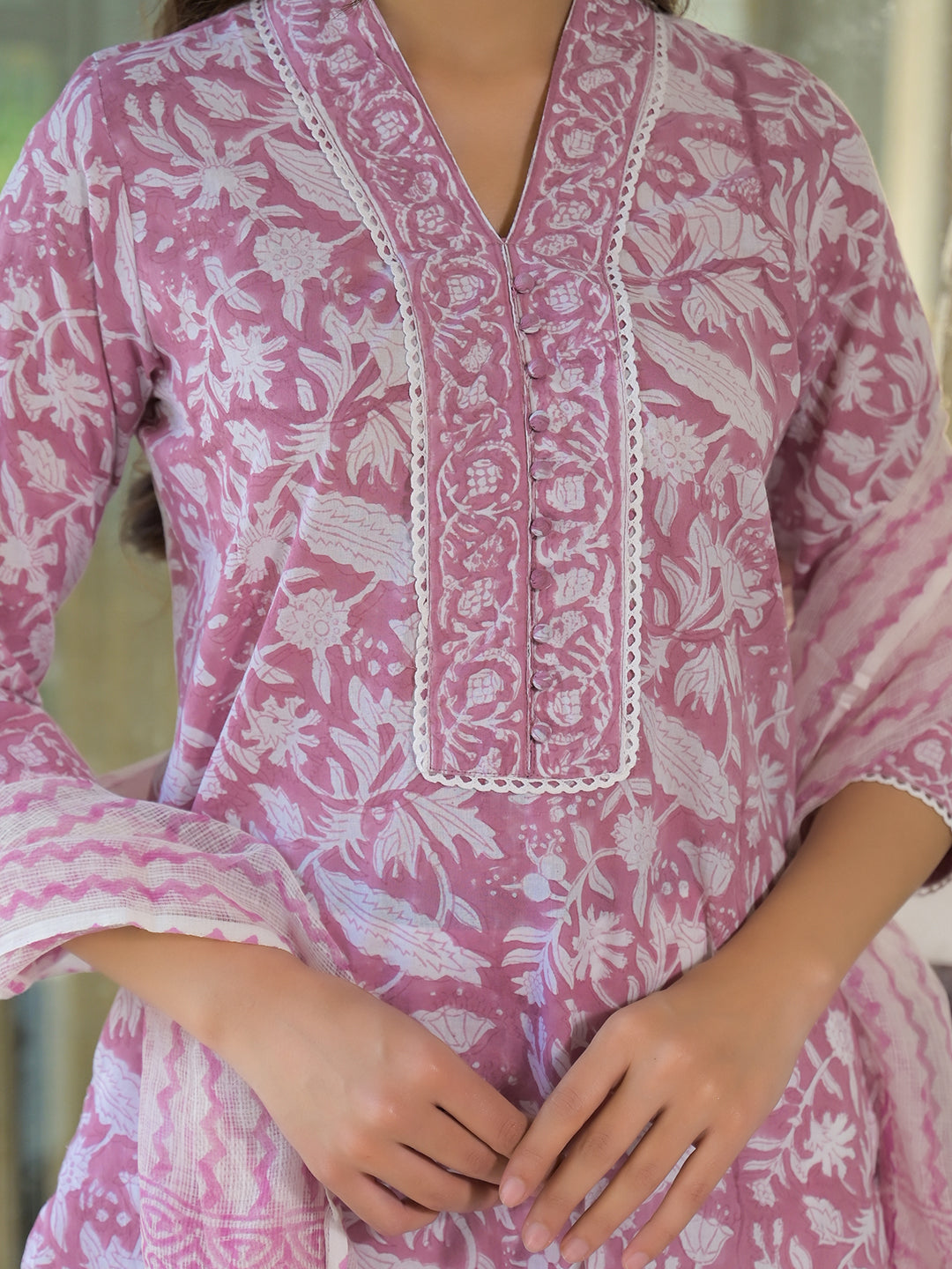 Divena White & Pink Cotton Block Print Kurta Pant with Dupatta