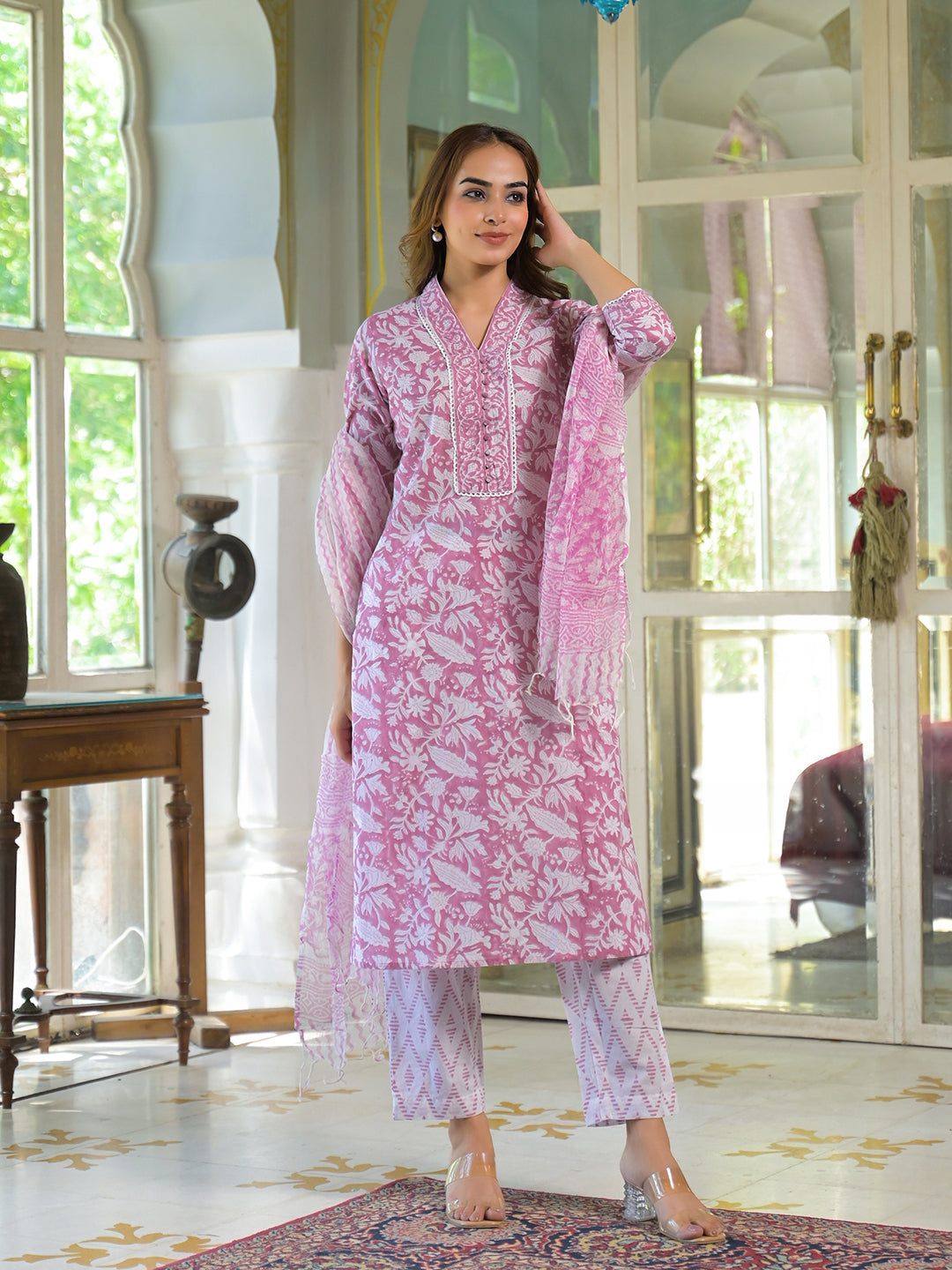 Divena White & Pink Cotton Block Print Kurta Pant with Dupatta