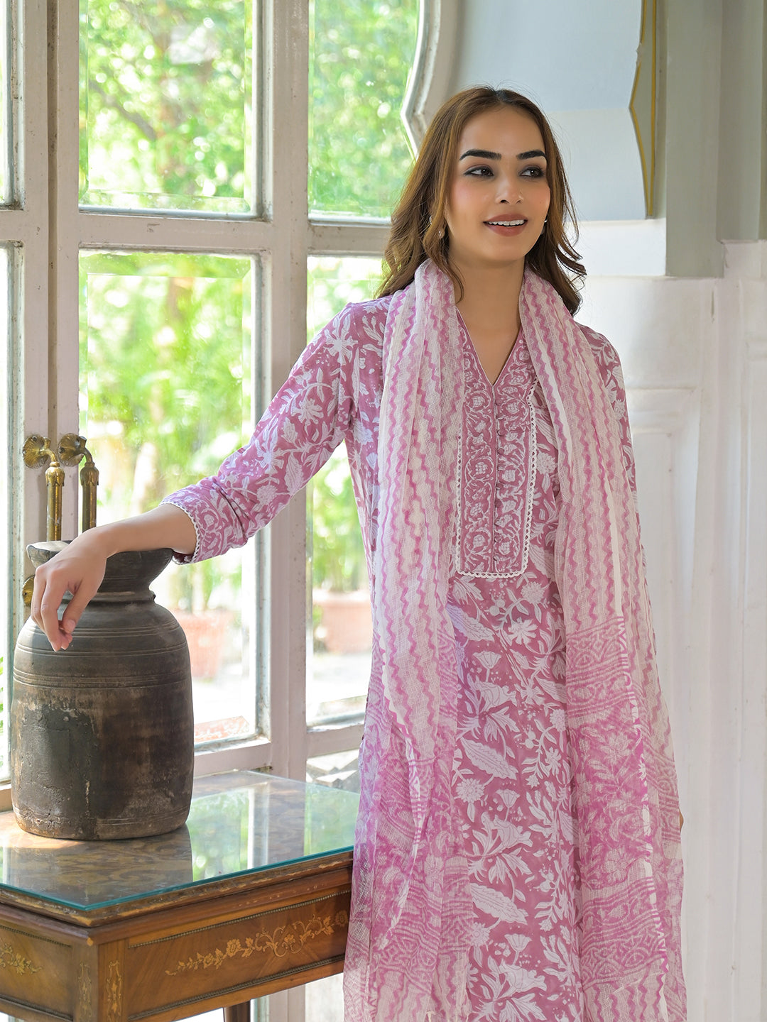 Divena White & Pink Cotton Block Print Kurta Pant with Dupatta