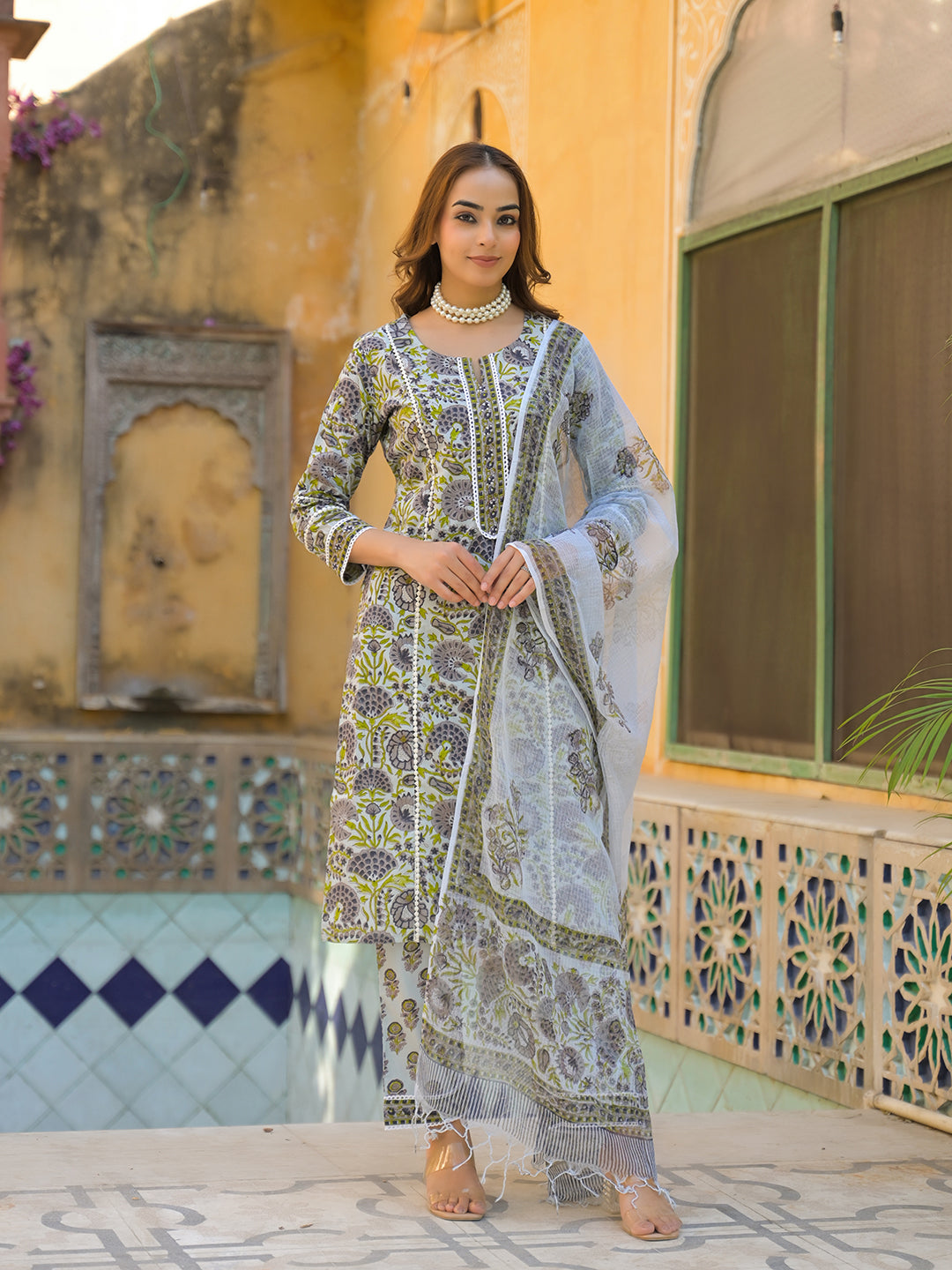 Divena Sea Green Cotton Hand Block Print Kurta Pant with Dupatta