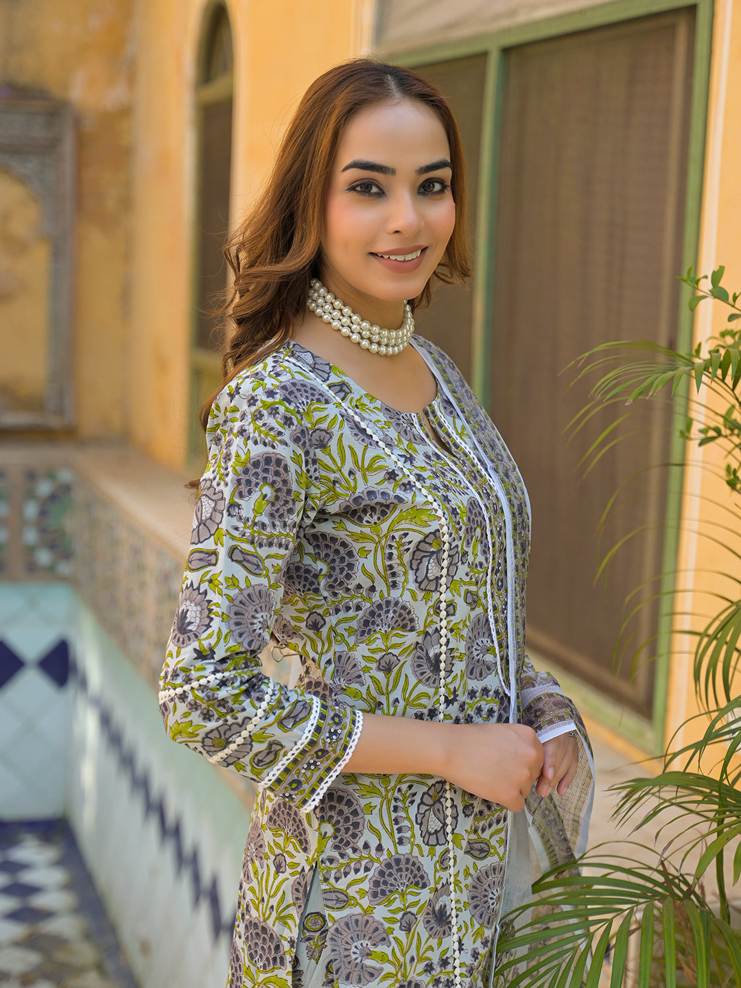 Divena Sea Green Cotton Hand Block Print Kurta Pant with Dupatta