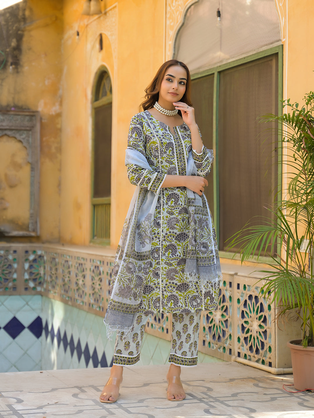 Divena Sea Green Cotton Hand Block Print Kurta Pant with Dupatta