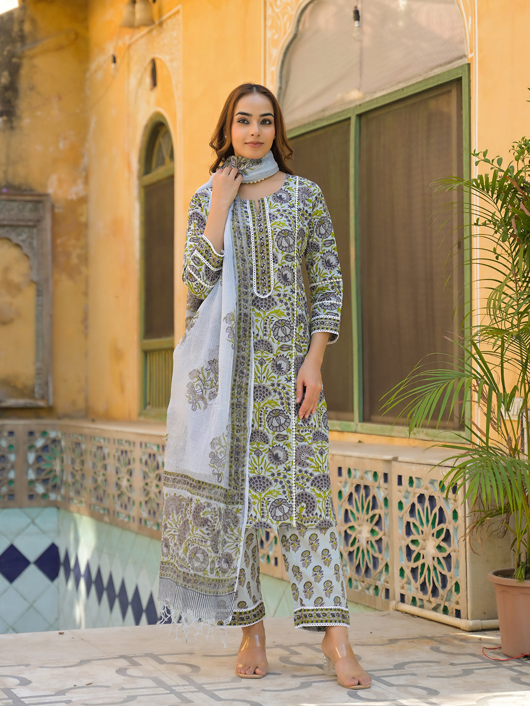 Divena Sea Green Cotton Hand Block Print Kurta Pant with Dupatta