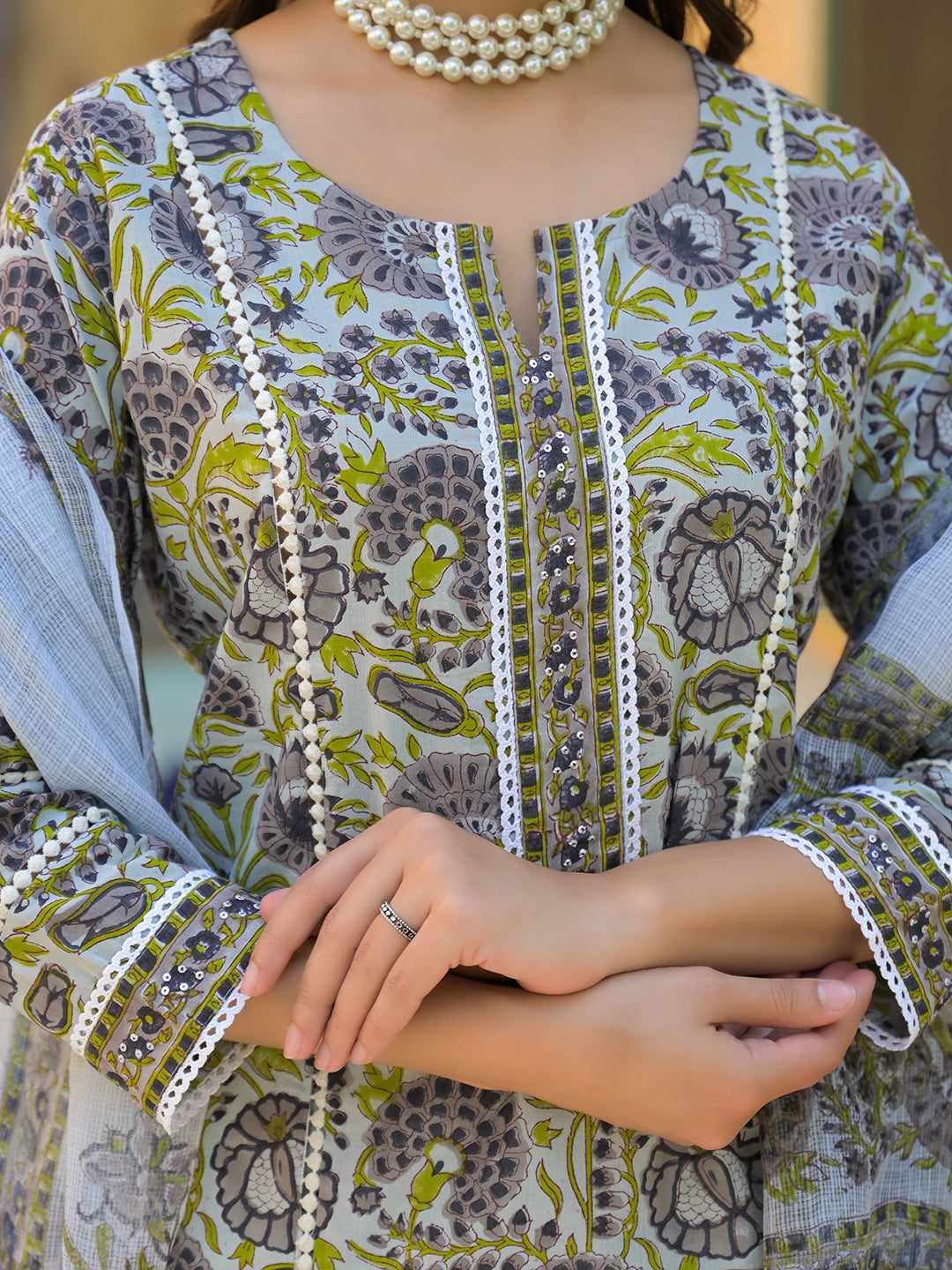 Divena Sea Green Cotton Hand Block Print Kurta Pant with Dupatta