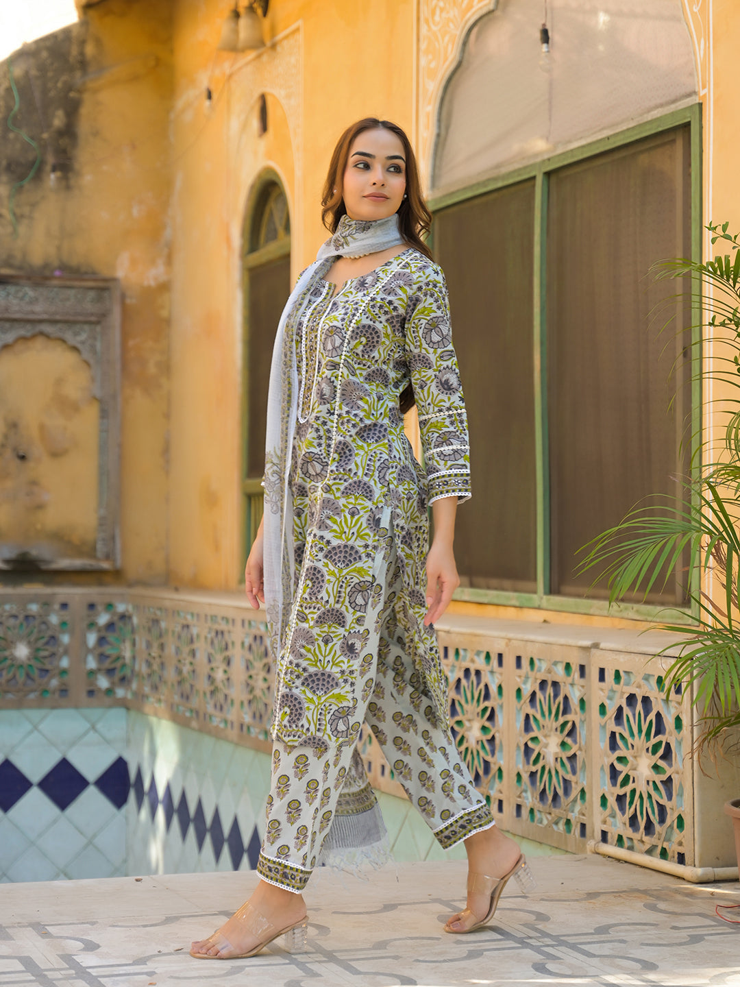 Divena Sea Green Cotton Hand Block Print Kurta Pant with Dupatta