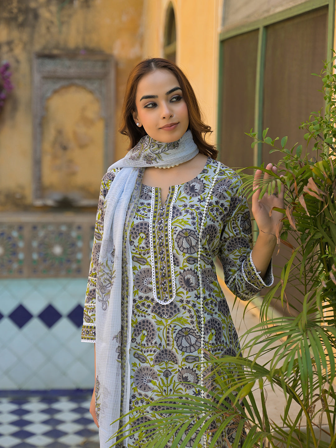 Divena Sea Green Cotton Hand Block Print Kurta Pant with Dupatta