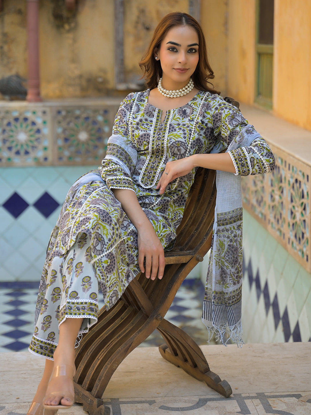 Divena Sea Green Cotton Hand Block Print Kurta Pant with Dupatta