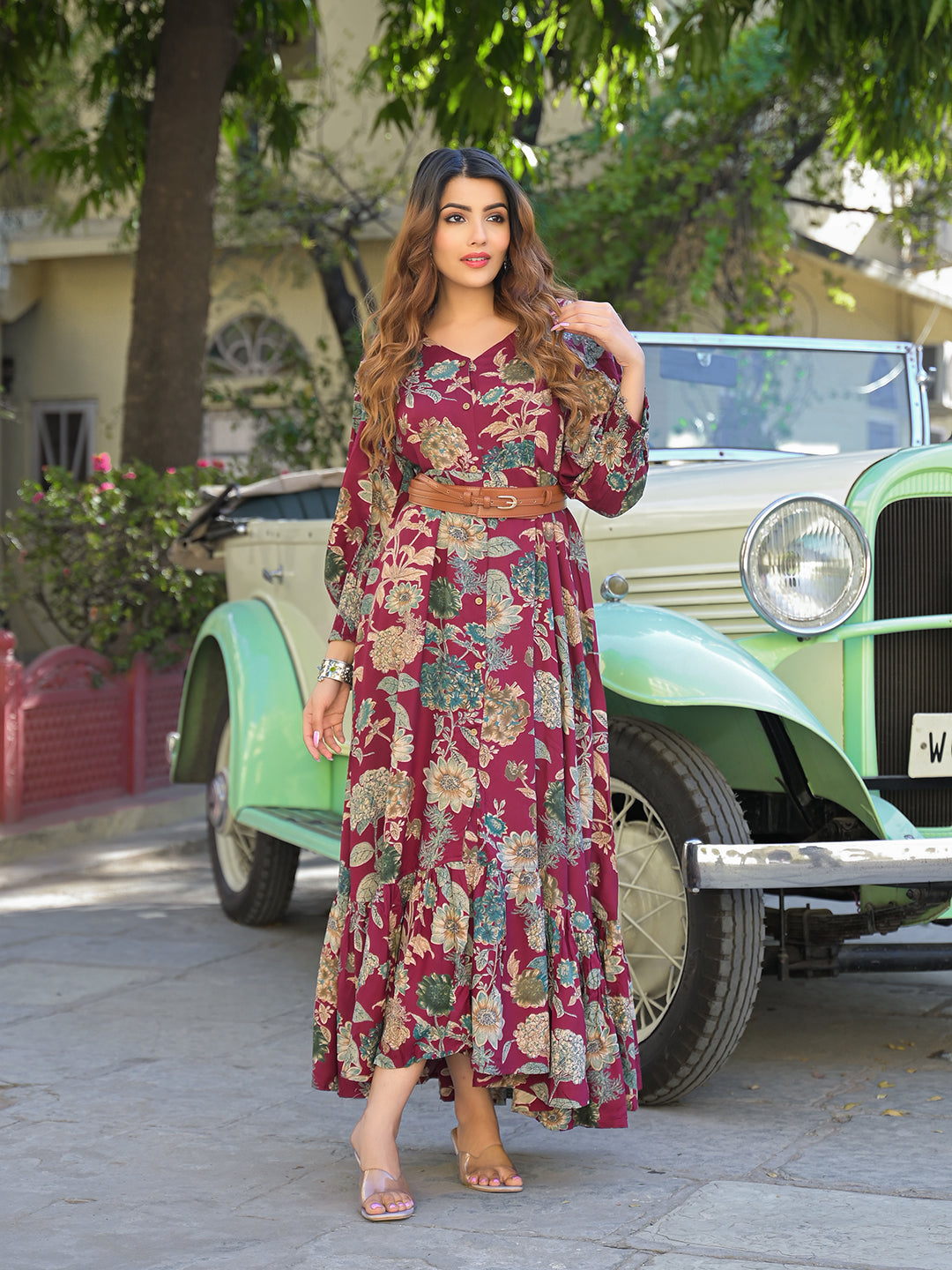 Divena Maroon Floral Print Rayon Fabric Flared Long Dress - Front