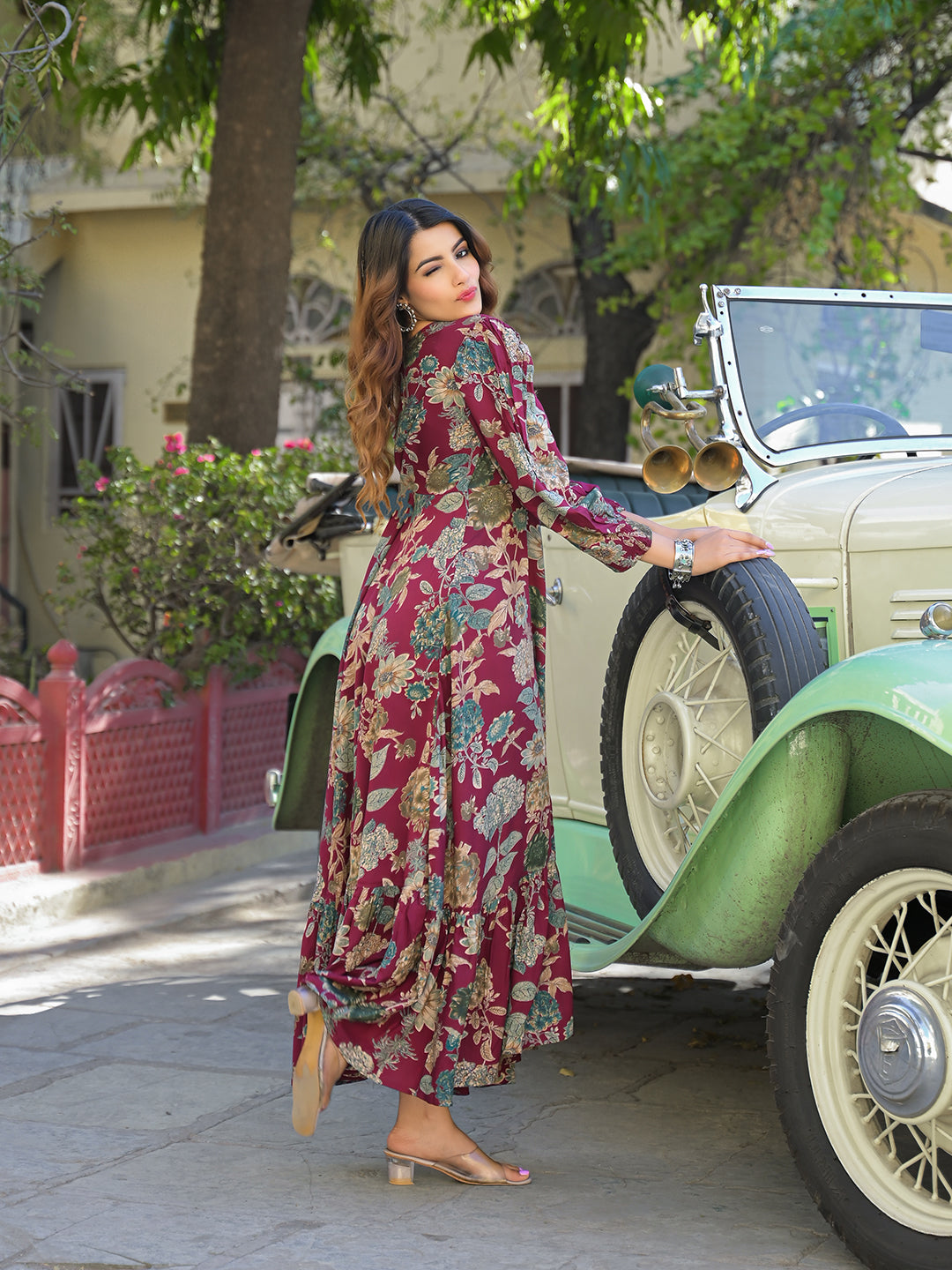 Divena Maroon Floral Print Rayon Fabric Flared Long Dress - Image 3