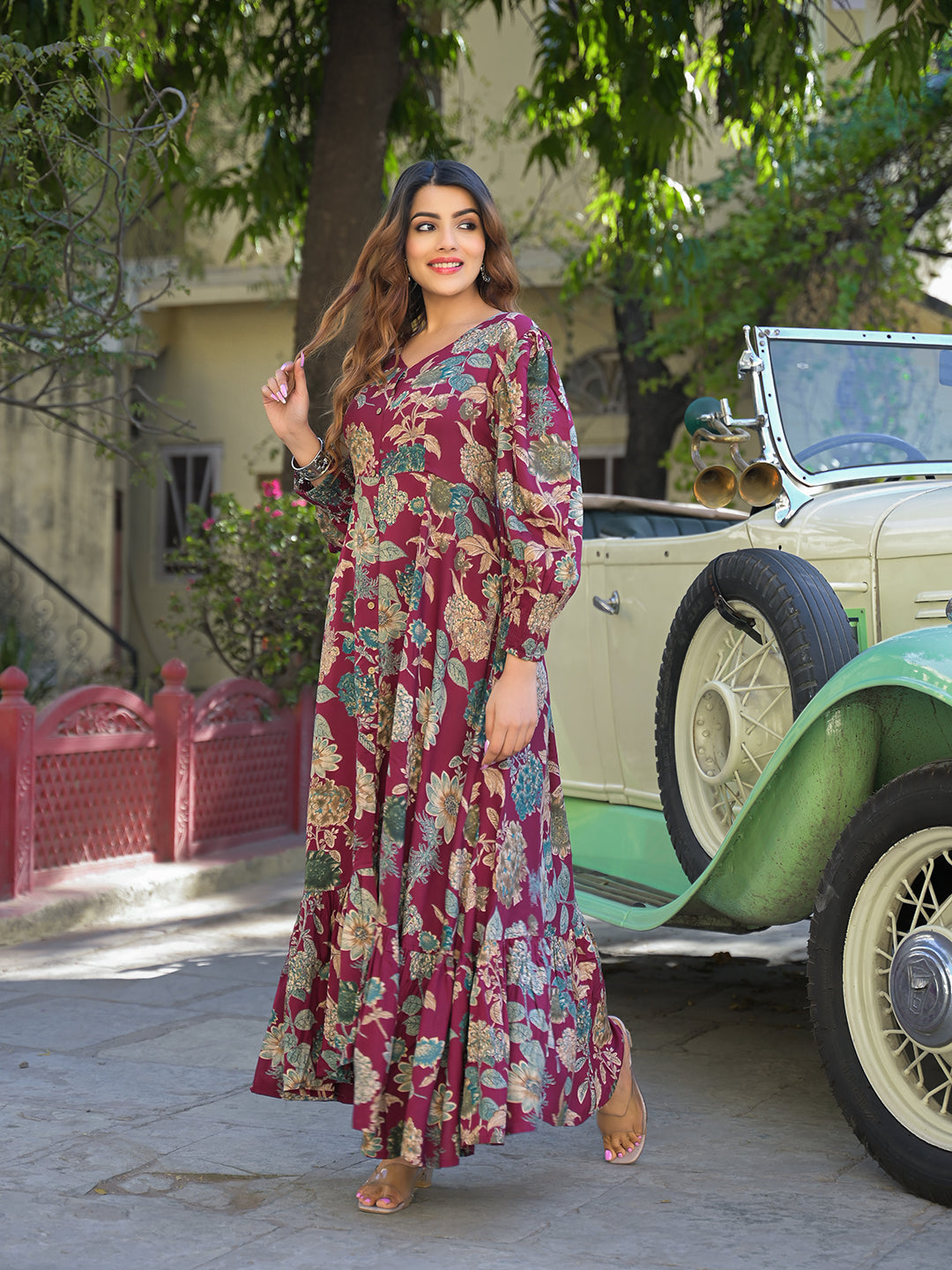 Divena Maroon Floral Print Rayon Fabric Flared Long Dress - Image 4