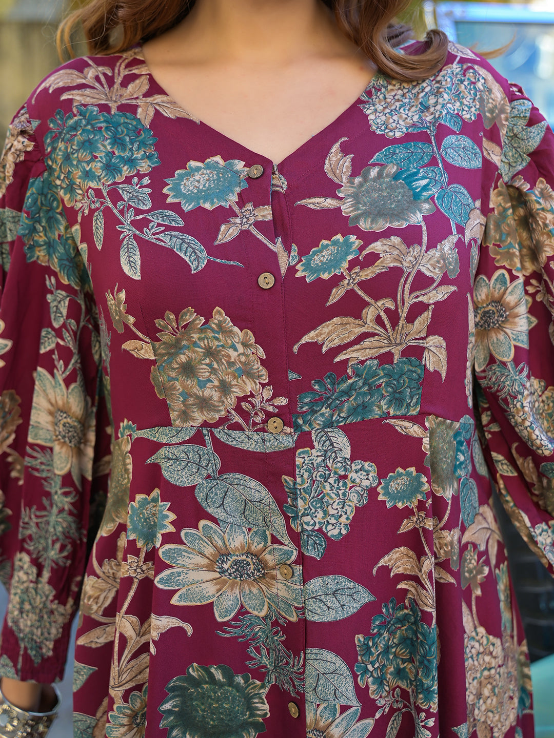 Divena Maroon Floral Print Rayon Fabric Flared Long Dress - Image 5