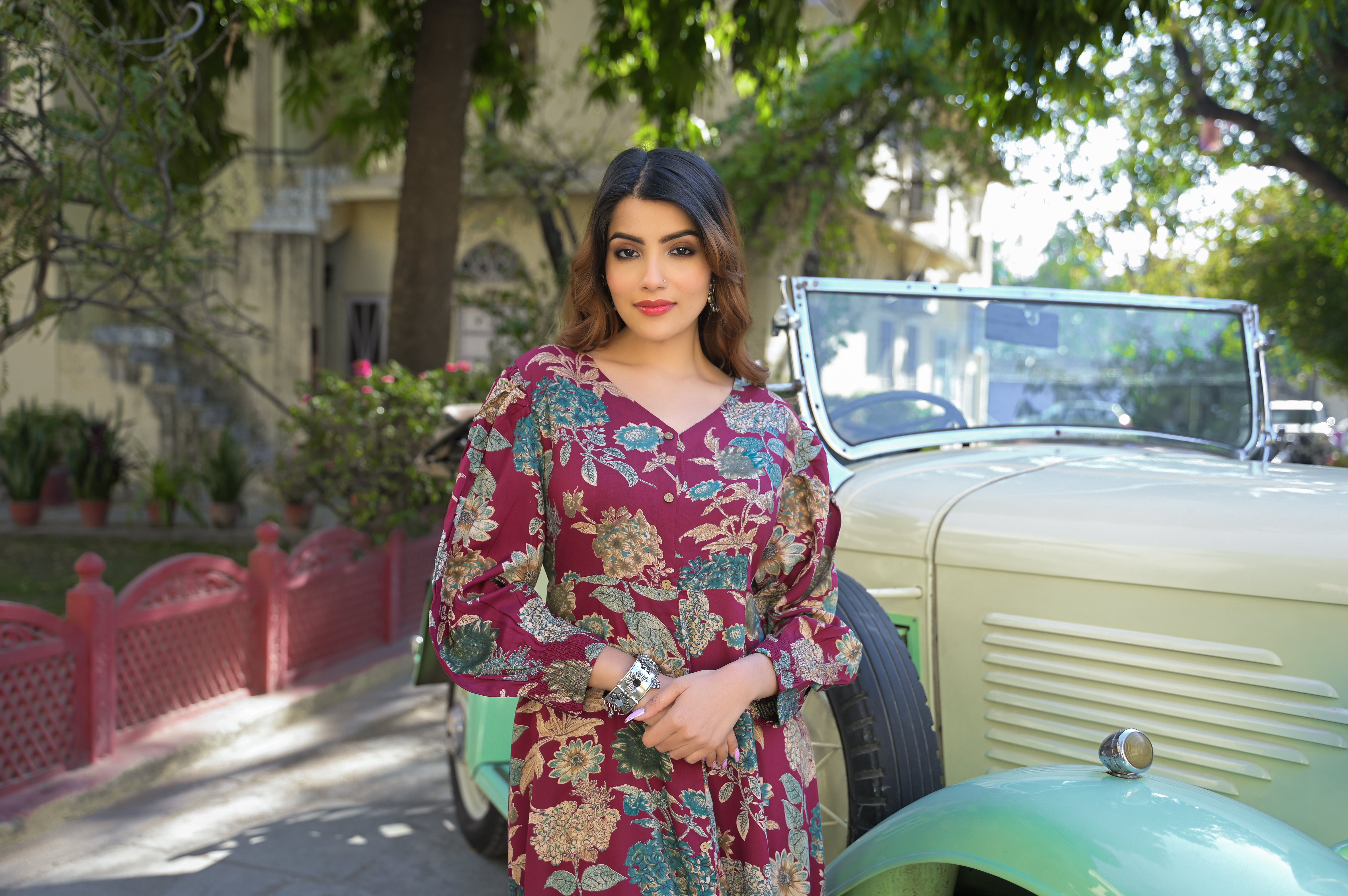 Divena Maroon Floral Print Rayon Fabric Flared Long Dress - Image 7