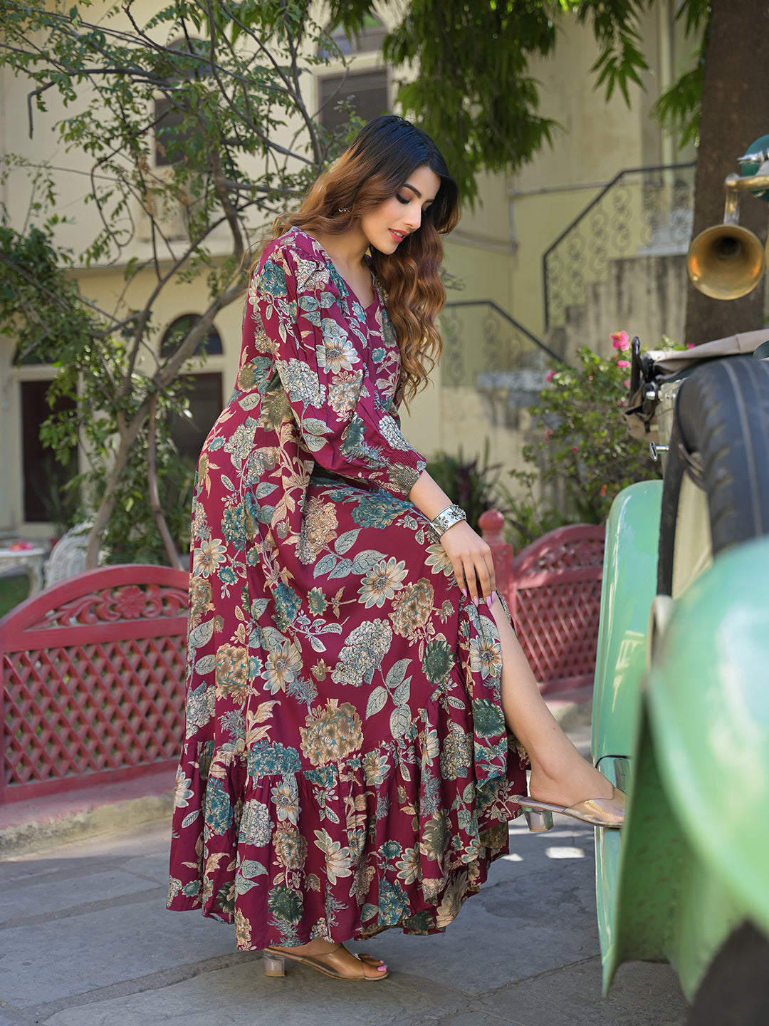 Divena Maroon Floral Print Rayon Fabric Flared Long Dress - Image 8