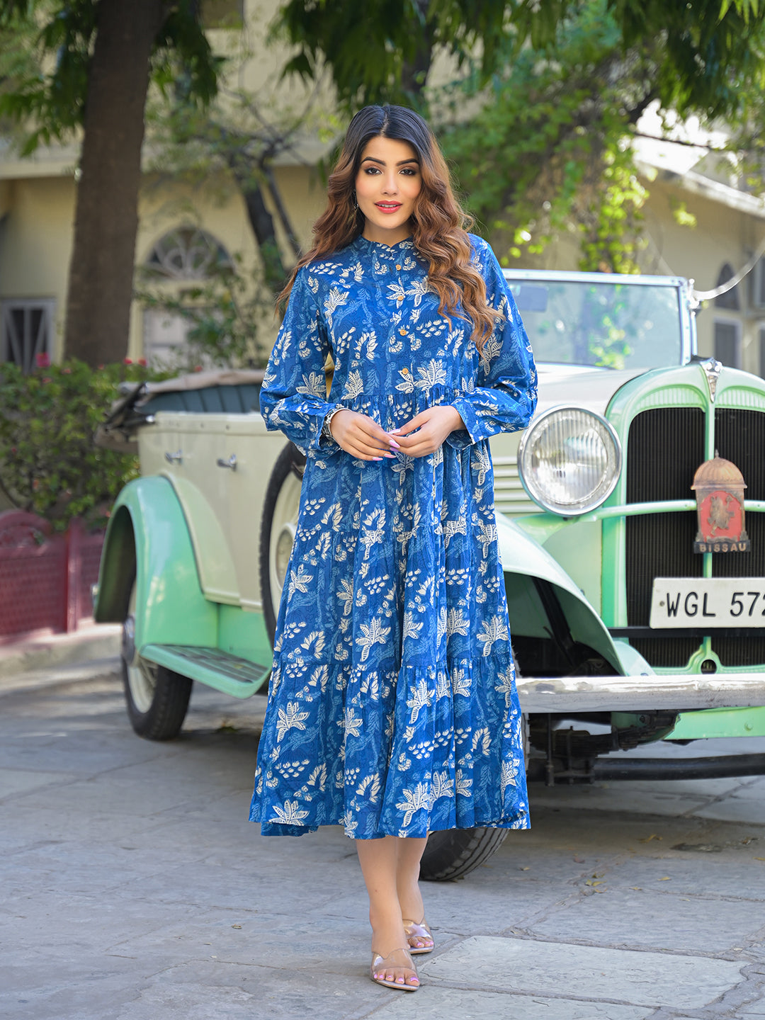 Divena Blue Floral Print Cotton Fabric Flared Dress - Front