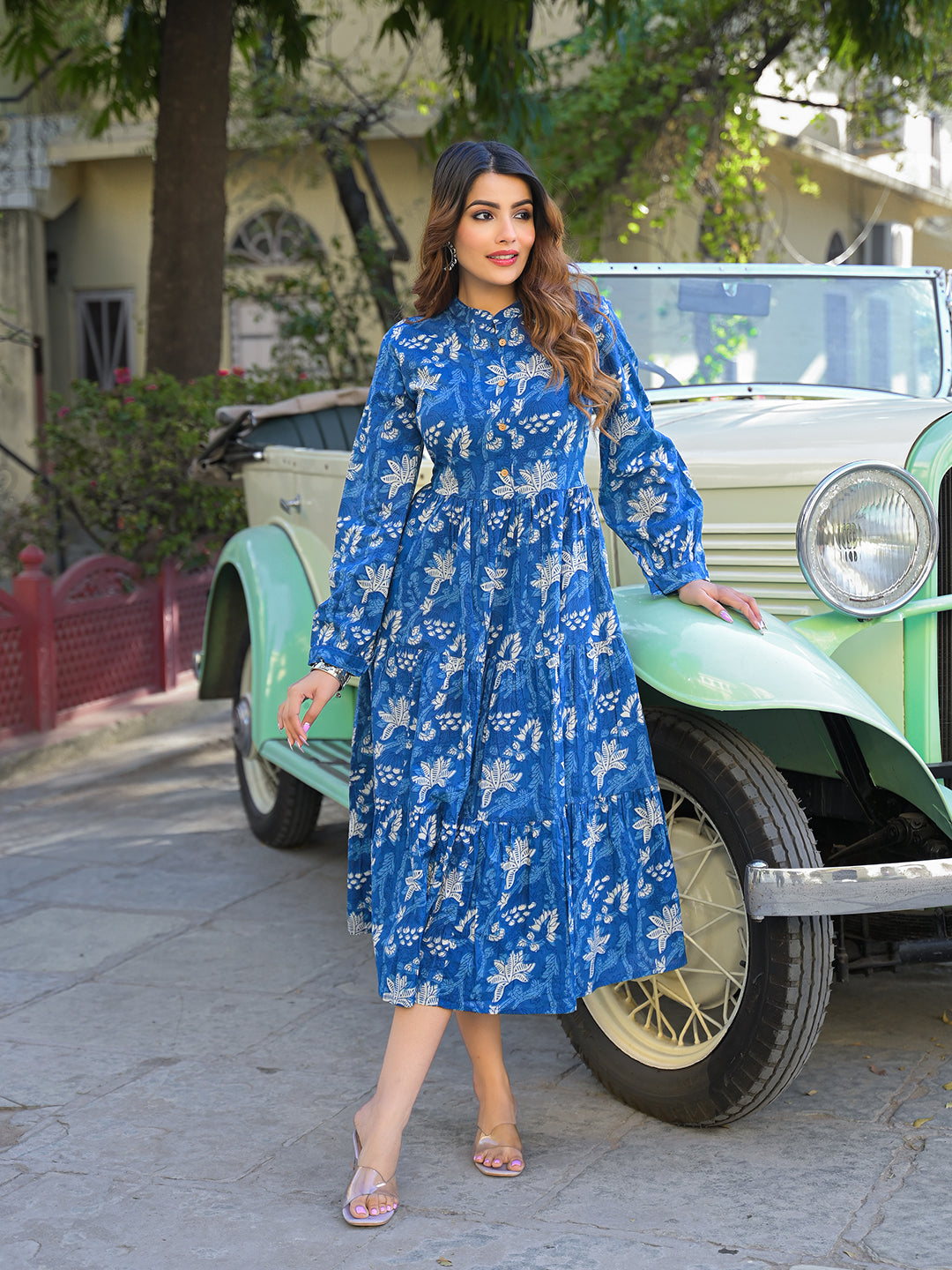 Divena Blue Floral Print Cotton Fabric Flared Dress - Image 3