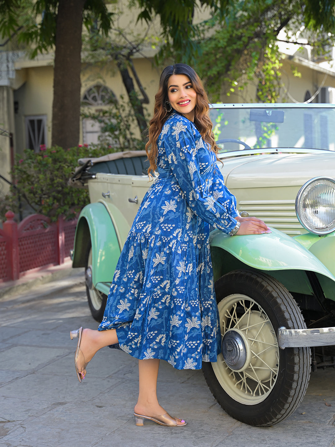 Divena Blue Floral Print Cotton Fabric Flared Dress - Image 4