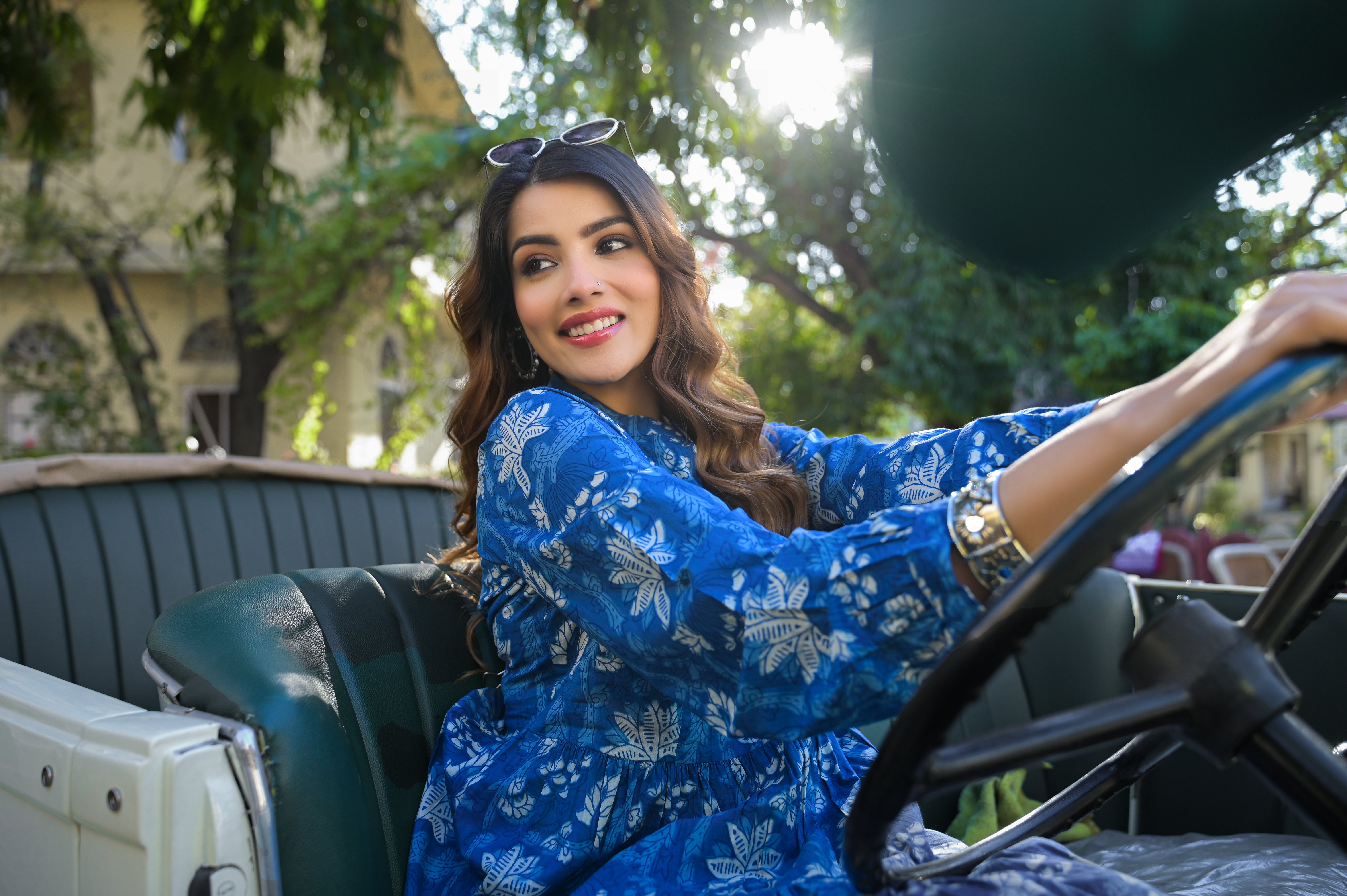 Divena Blue Floral Print Cotton Fabric Flared Dress - Image 7