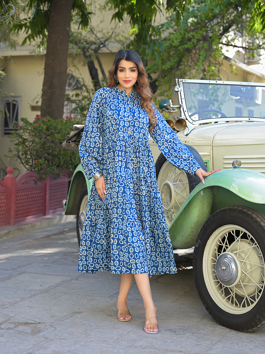 Divena Blue Floral Print Cotton Fabric Fit & Flared Dress - Front