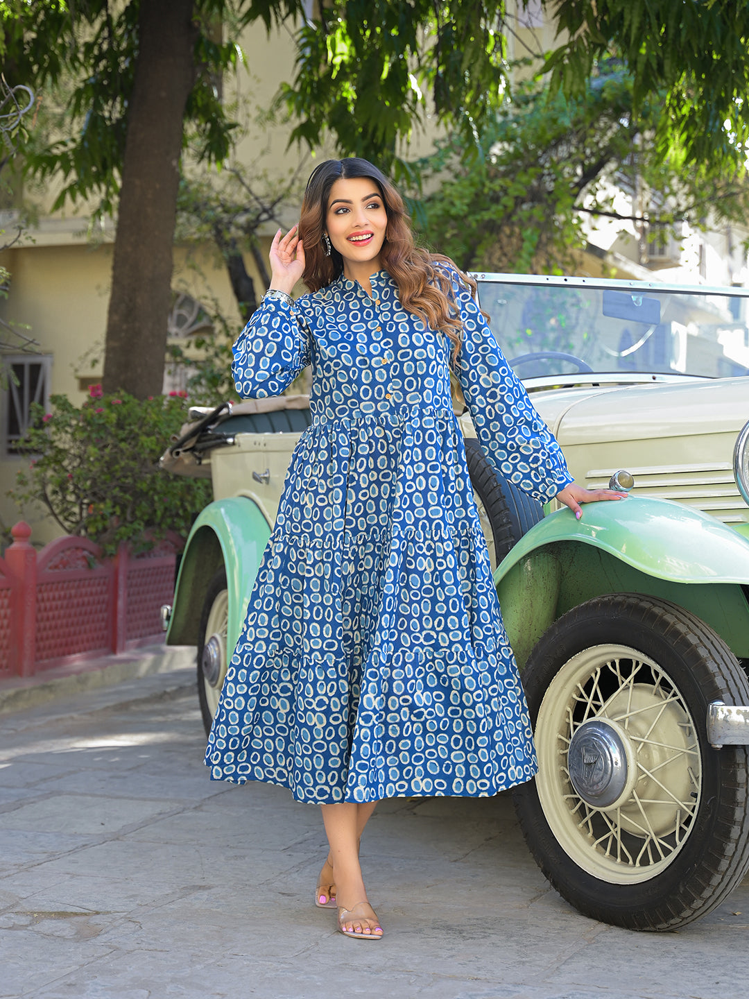 Divena Blue Floral Print Cotton Fabric Fit & Flared Dress - Image 3