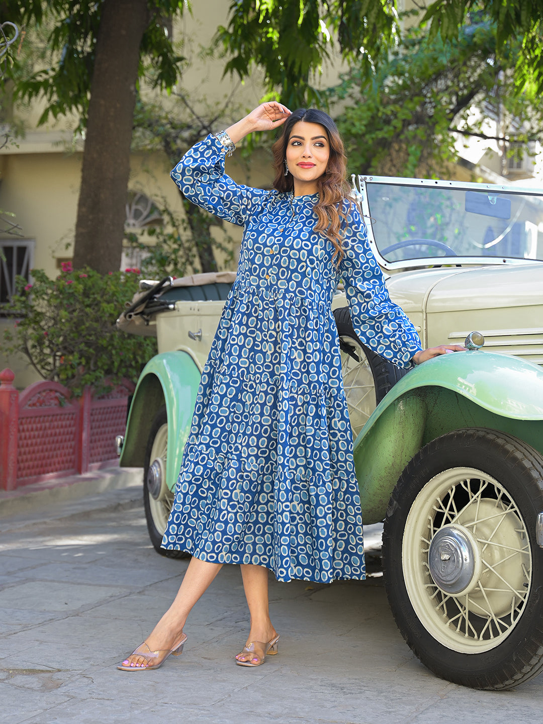 Divena Blue Floral Print Cotton Fabric Fit & Flared Dress - Image 4