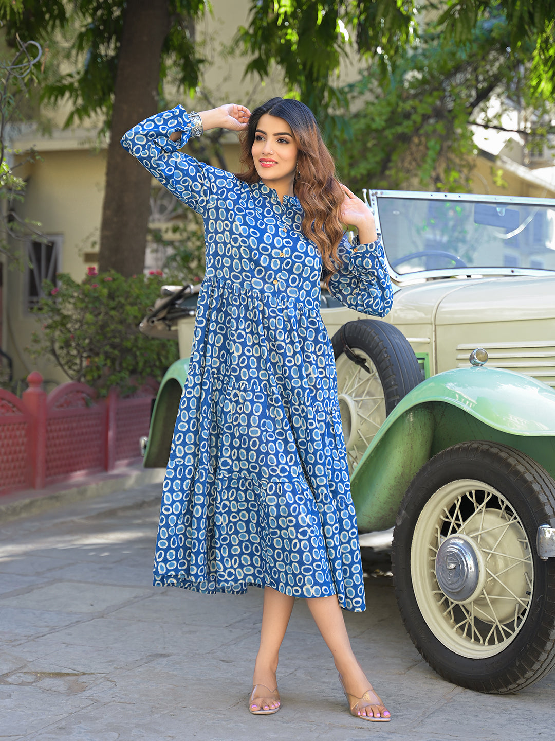 Divena Blue Floral Print Cotton Fabric Fit & Flared Dress - Image 7