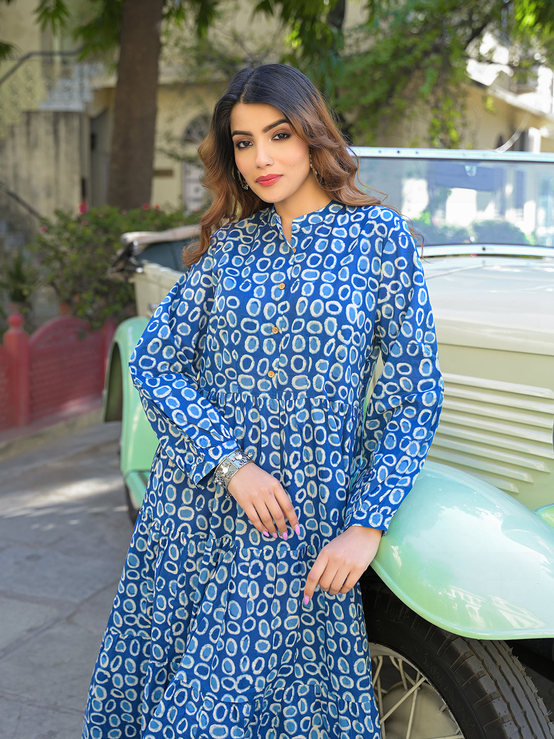 Divena Blue Floral Print Cotton Fabric Fit & Flared Dress - Image 8
