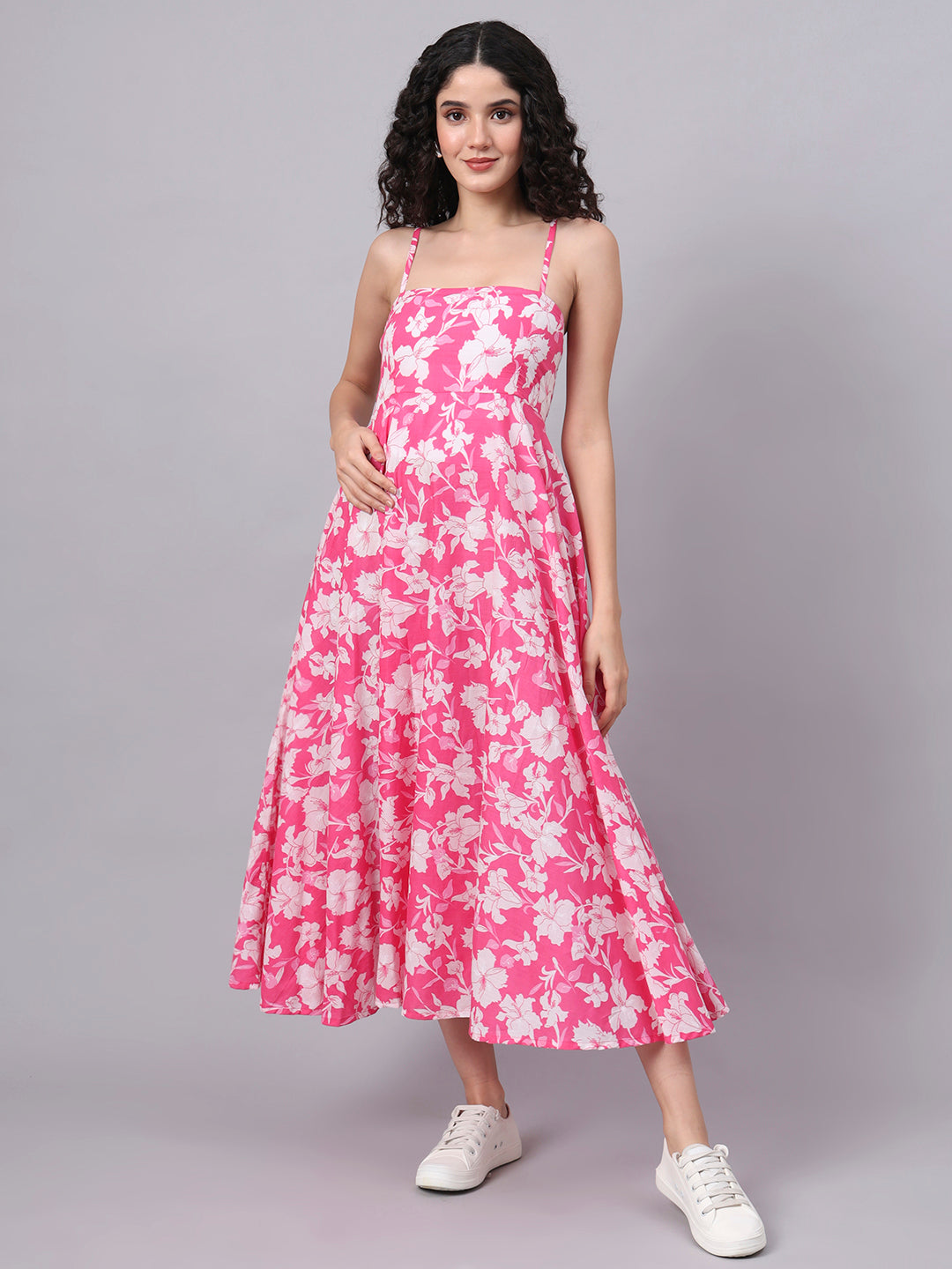 Divena Pink Floral Shoulder Straps Cotton Dress