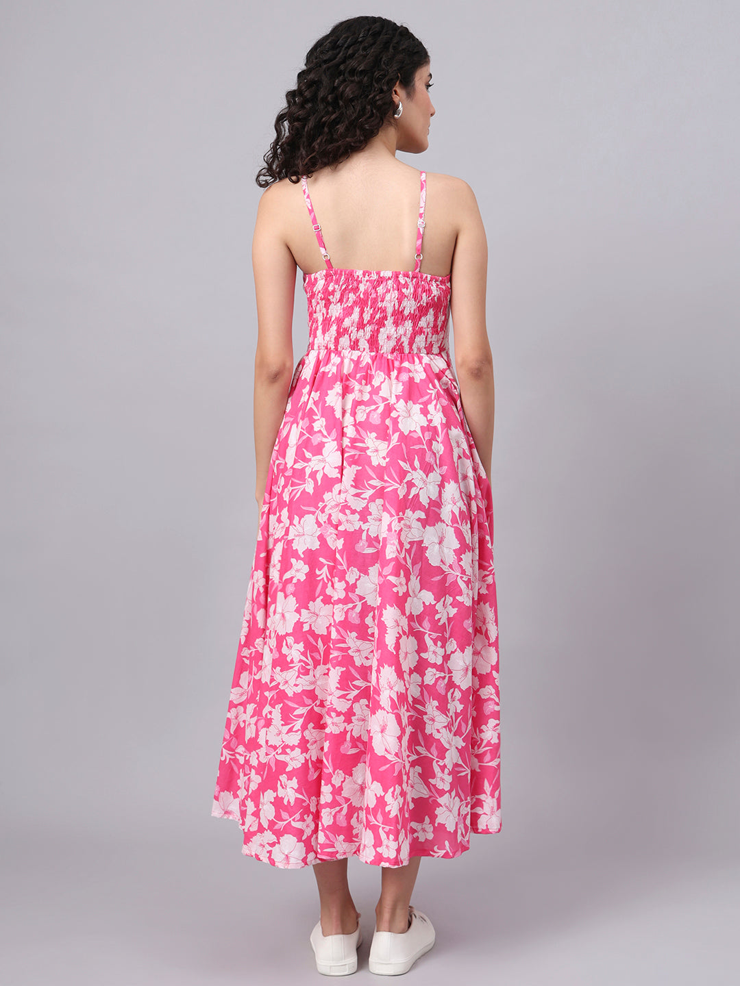 Divena Pink Floral Shoulder Straps Cotton Dress