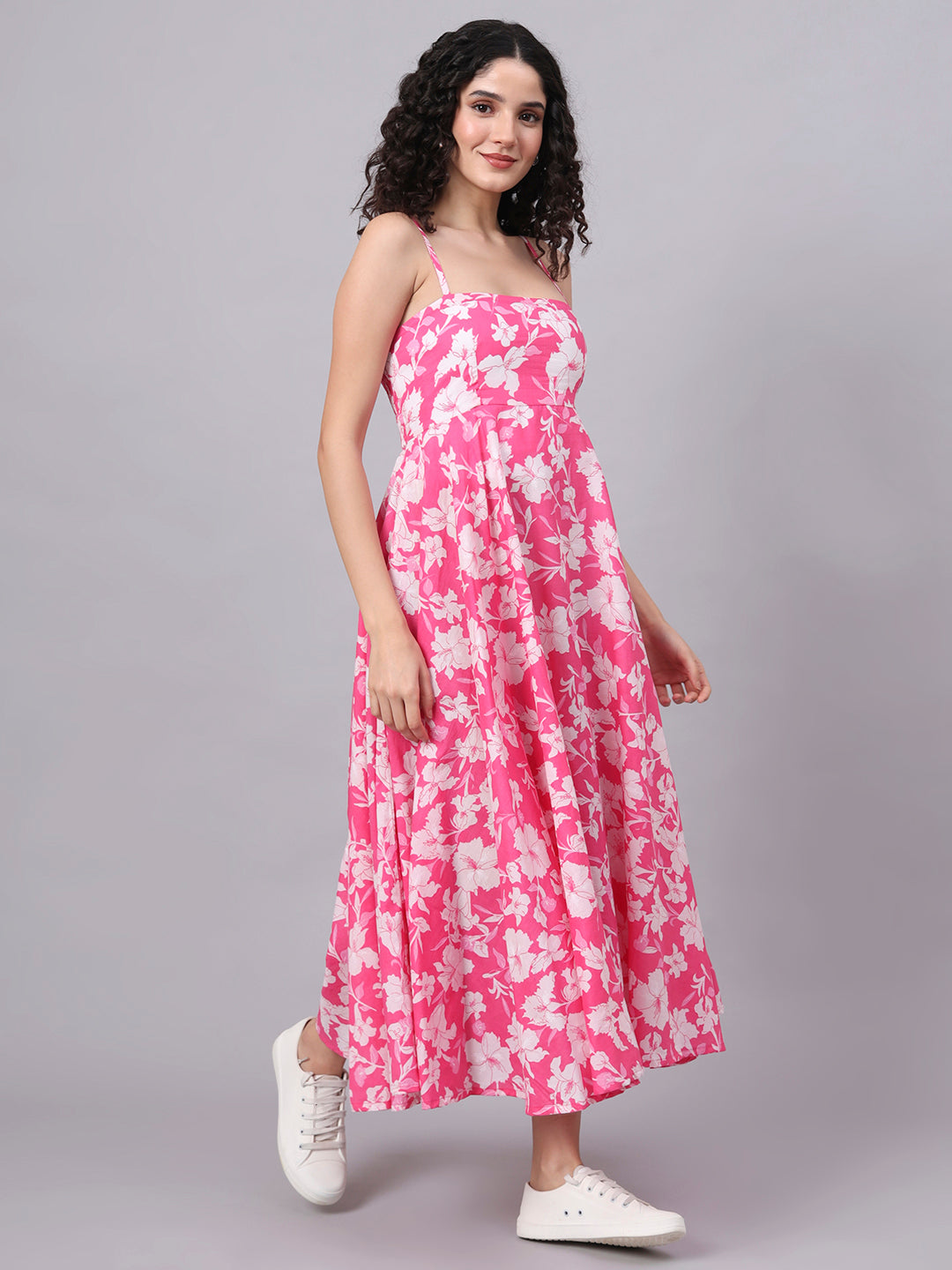 Divena Pink Floral Shoulder Straps Cotton Dress
