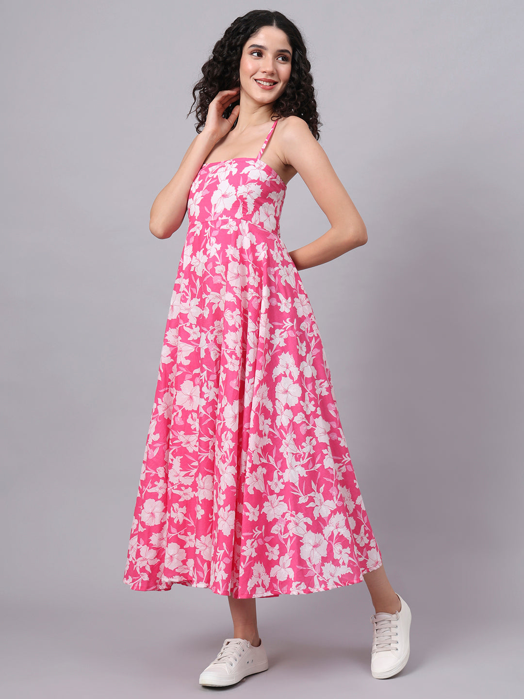Divena Pink Floral Shoulder Straps Cotton Dress