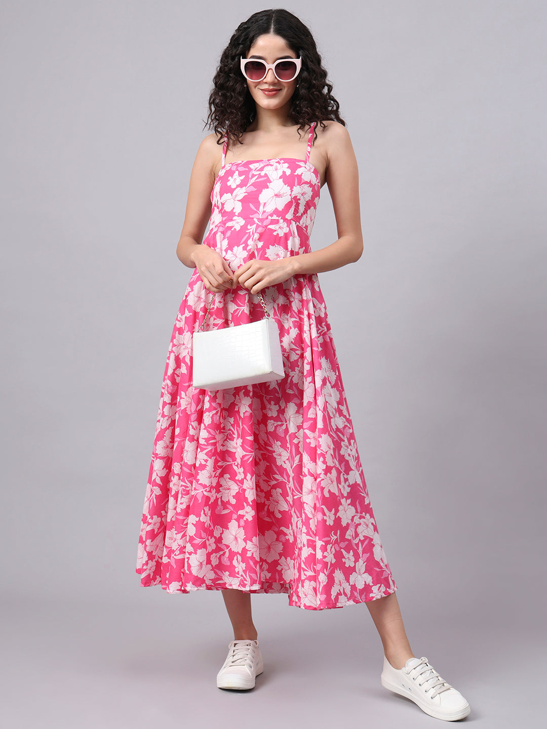 Divena Pink Floral Shoulder Straps Cotton Dress