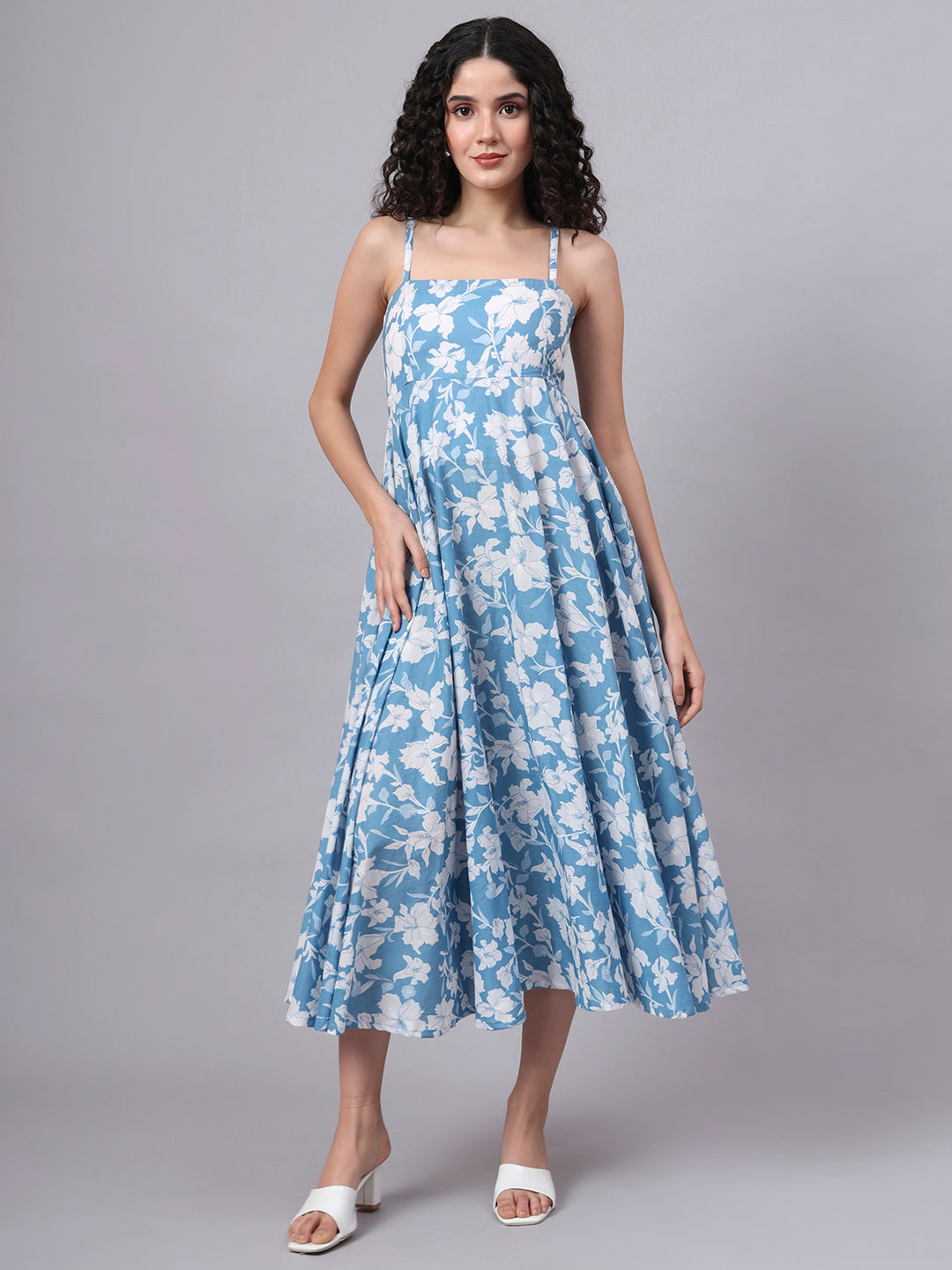 Divena Blue Floral Shoulder Straps Cotton Dress
