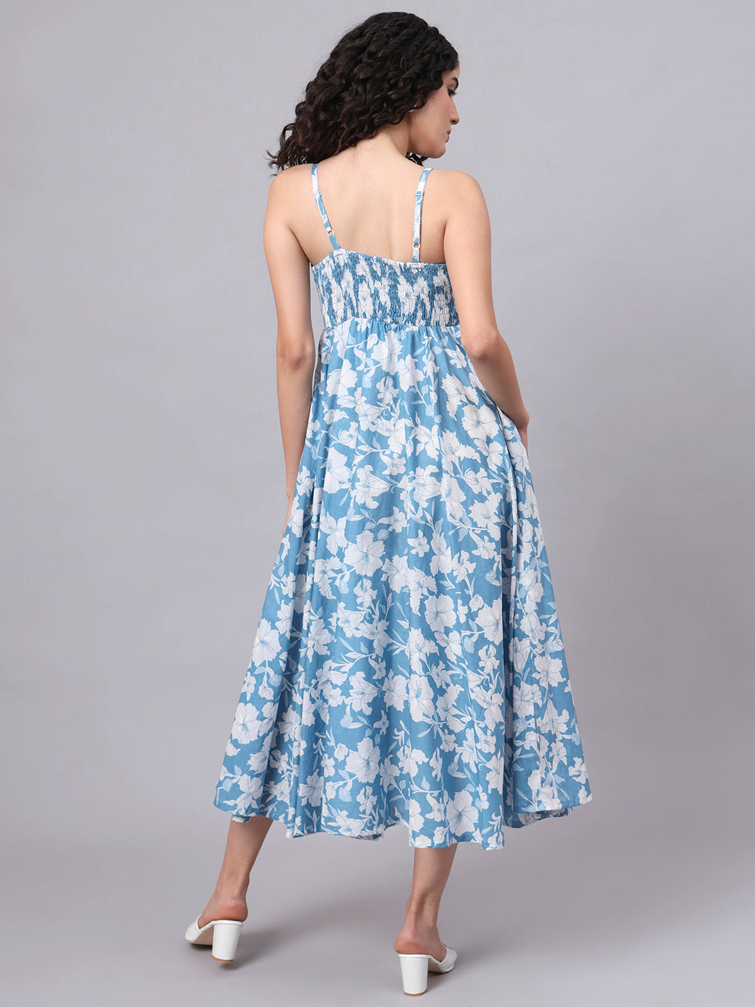 Divena Blue Floral Shoulder Straps Cotton Dress