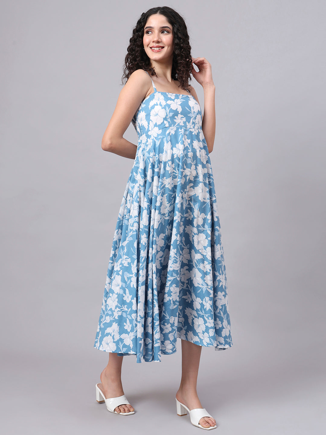 Divena Blue Floral Shoulder Straps Cotton Dress