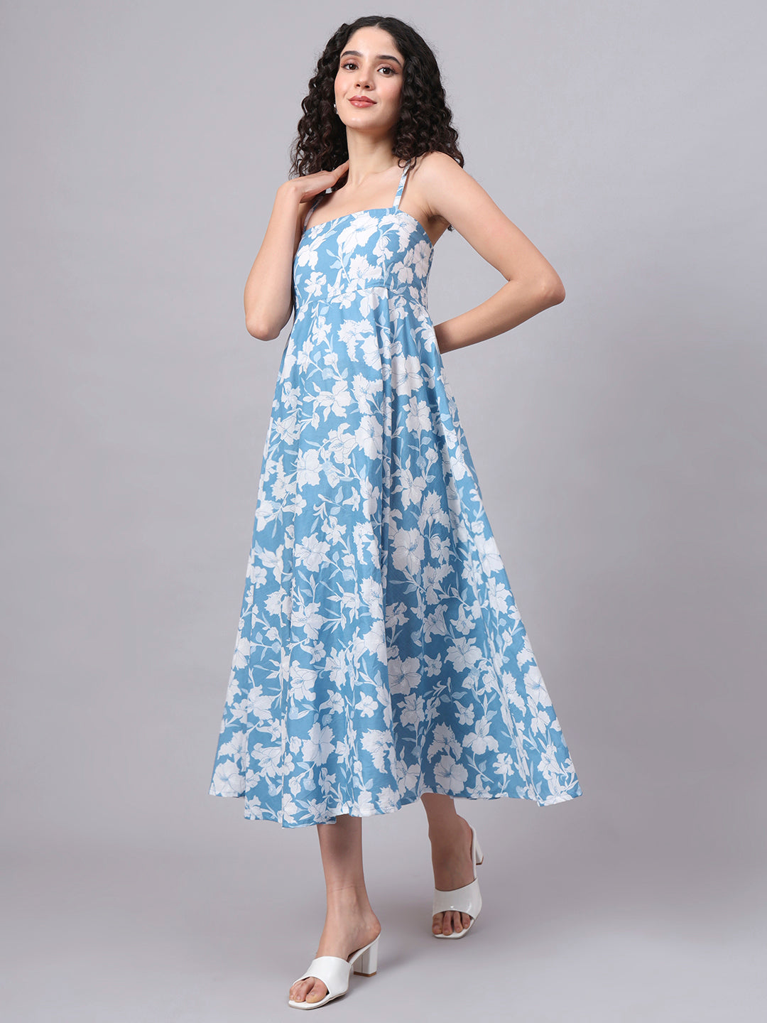 Divena Blue Floral Shoulder Straps Cotton Dress