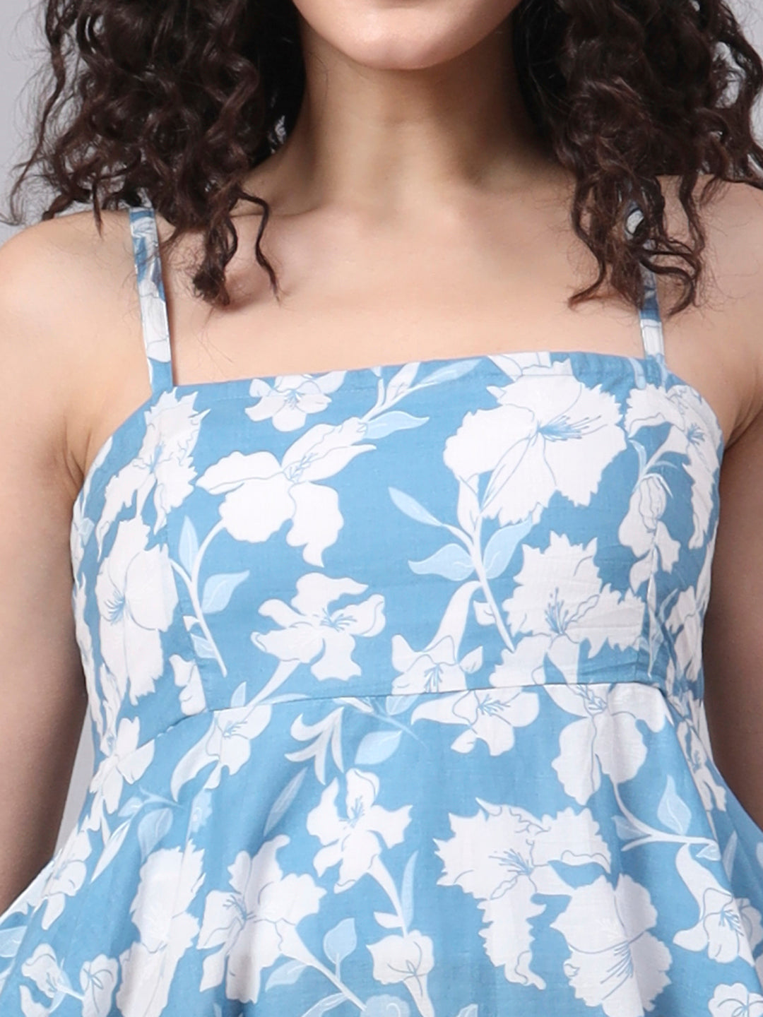 Divena Blue Floral Shoulder Straps Cotton Dress