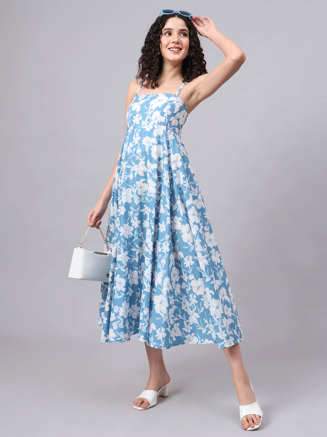 Divena Blue Floral Shoulder Straps Cotton Dress