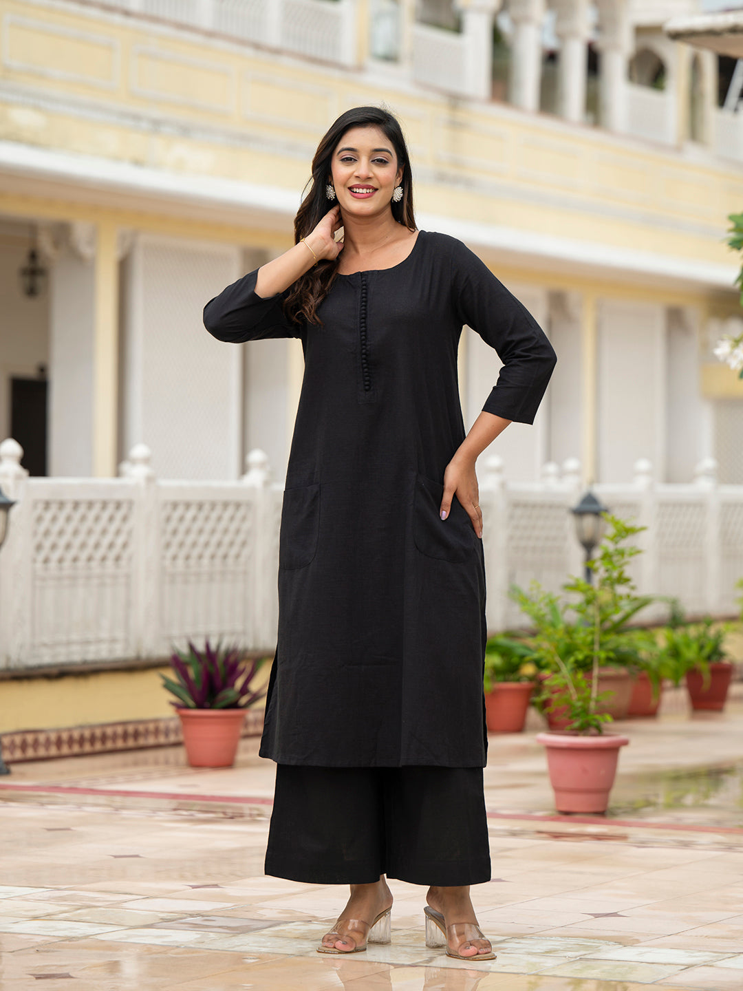 Divena Black Solid Cotton Kurta Pant Set